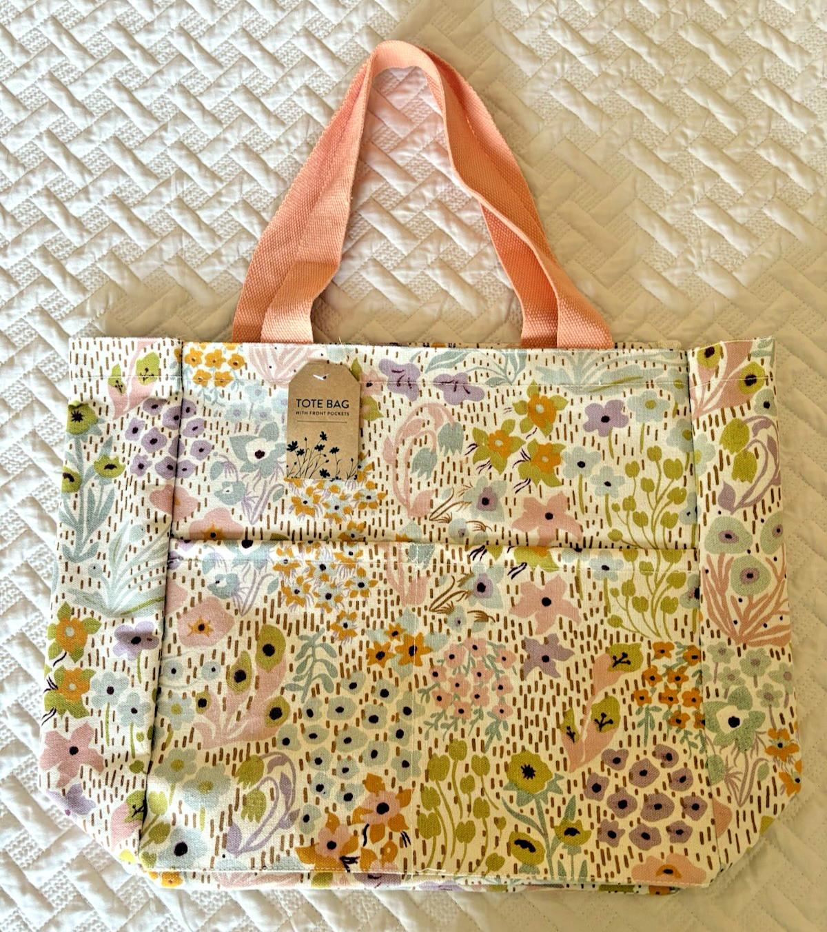 Recycled Cotton Tote Bag Multicolored Flowers with 2 Front Pockets & Peach Strap