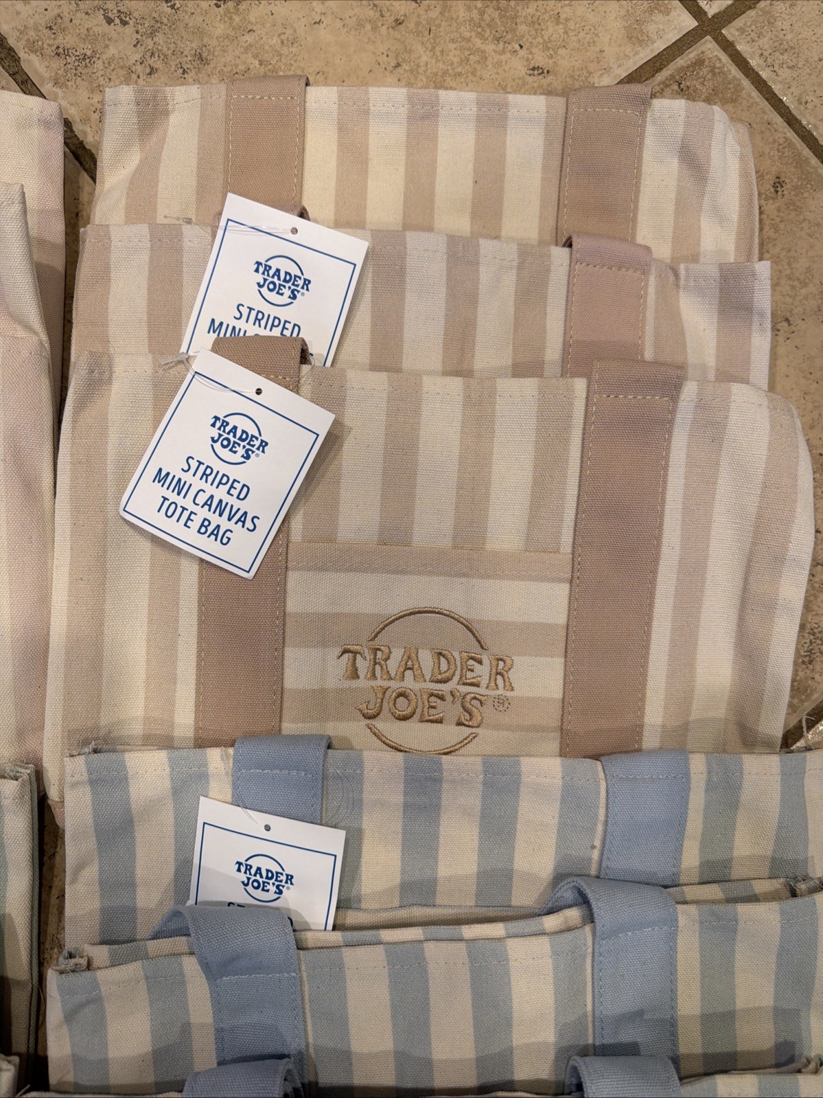TRADER JOE’S PASTEL STRIPE CANVAS TOTE BAGS (3) SETS of 4! 12 Bags With Tags