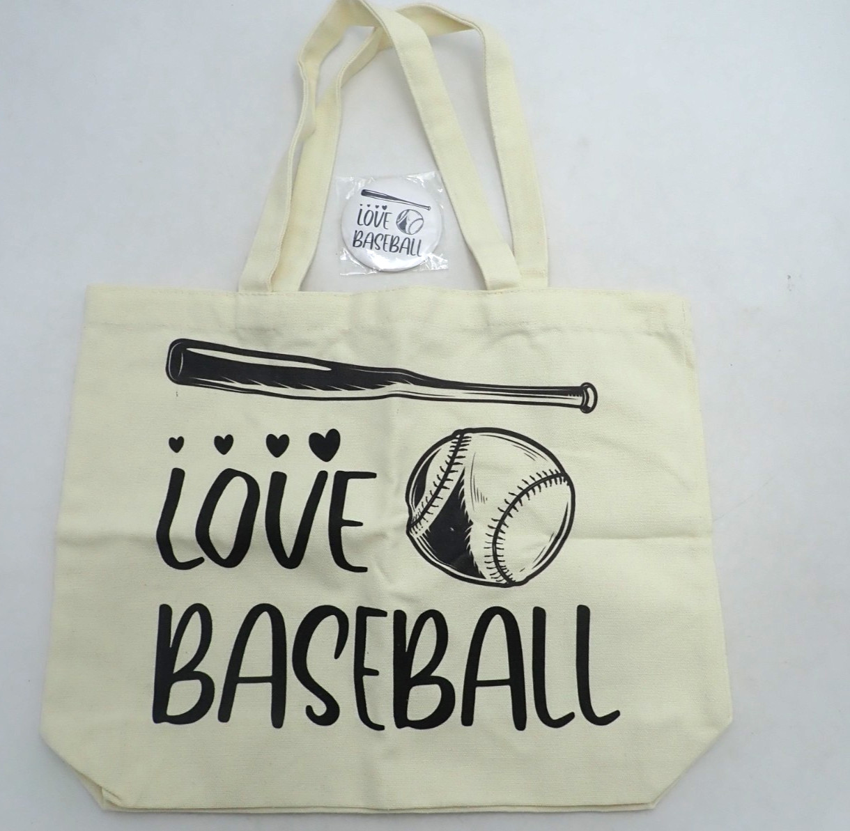 I love Baseball Canvas tote bag reusable Shopping bag with “I love Baseball Pin