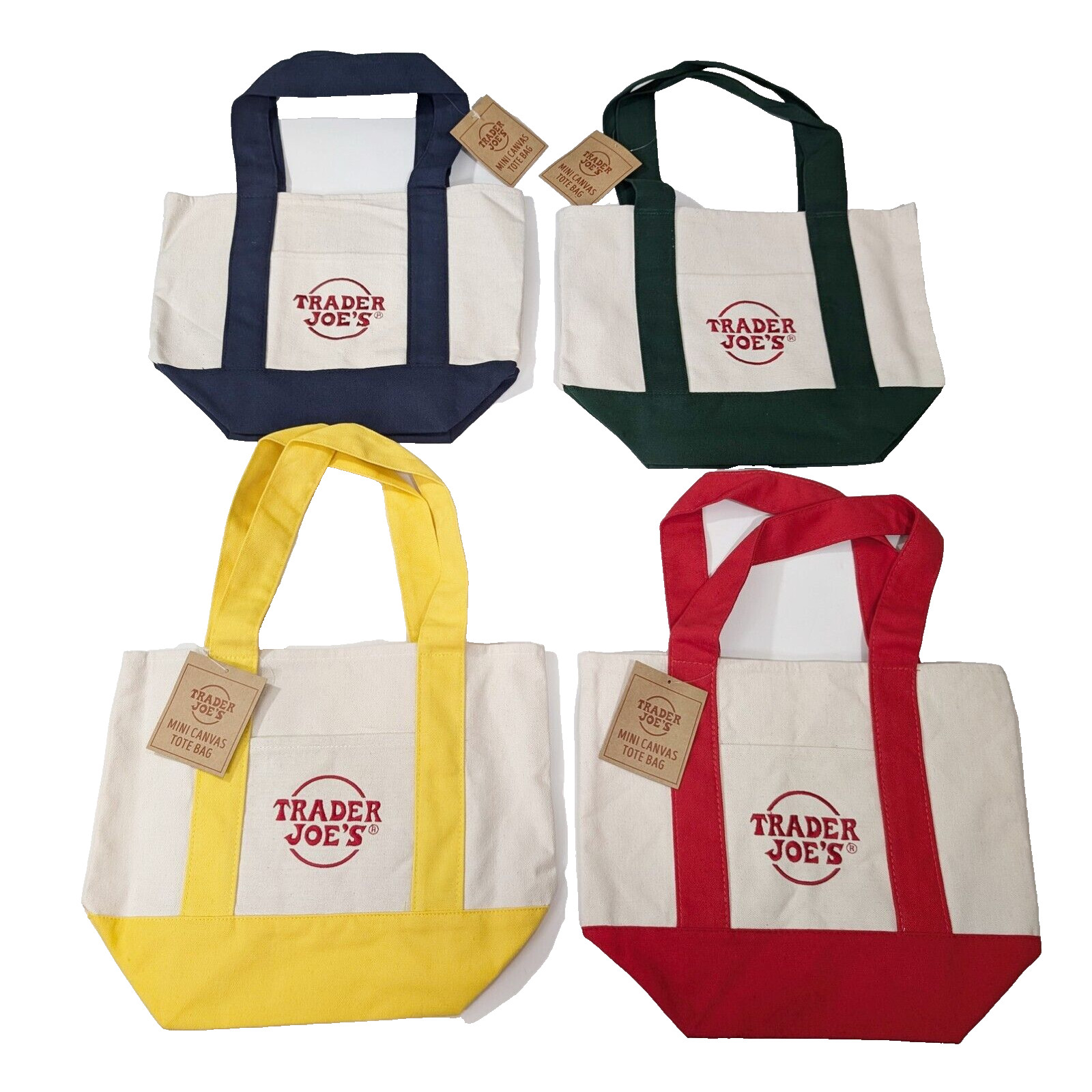 Trader Joe’s Mini Canvas Tote Bags Set of 4 Red Yellow Green Blue New All Colors