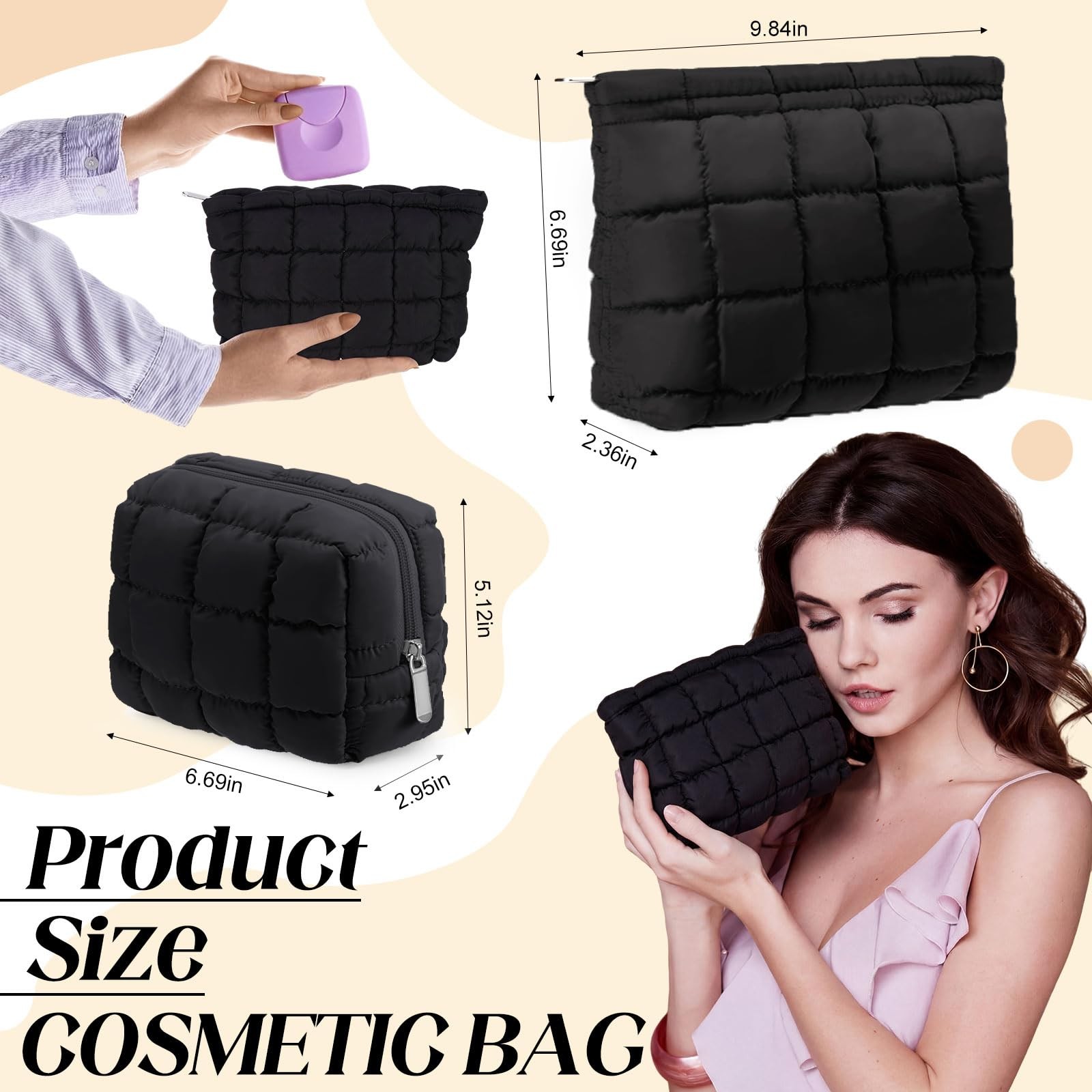 Huhumy 2 Pcs Puffy Makeup Bag 25 x 6 x 17cm/10 x 2.4 x 6.7inches, Black