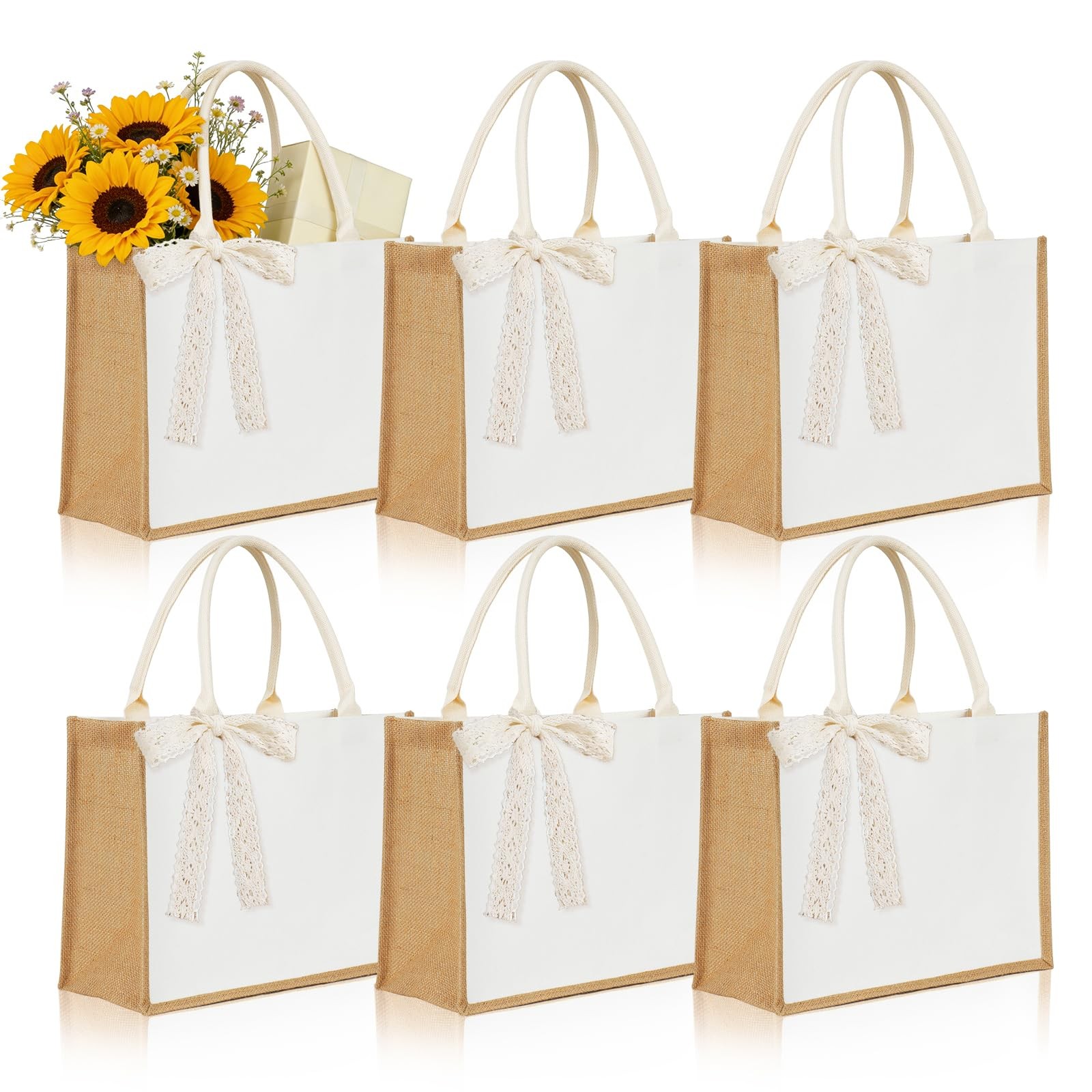 6 Pack Burlap Tote Bags, Reusable Jute Gift Bags with Handles, Water Resistan…