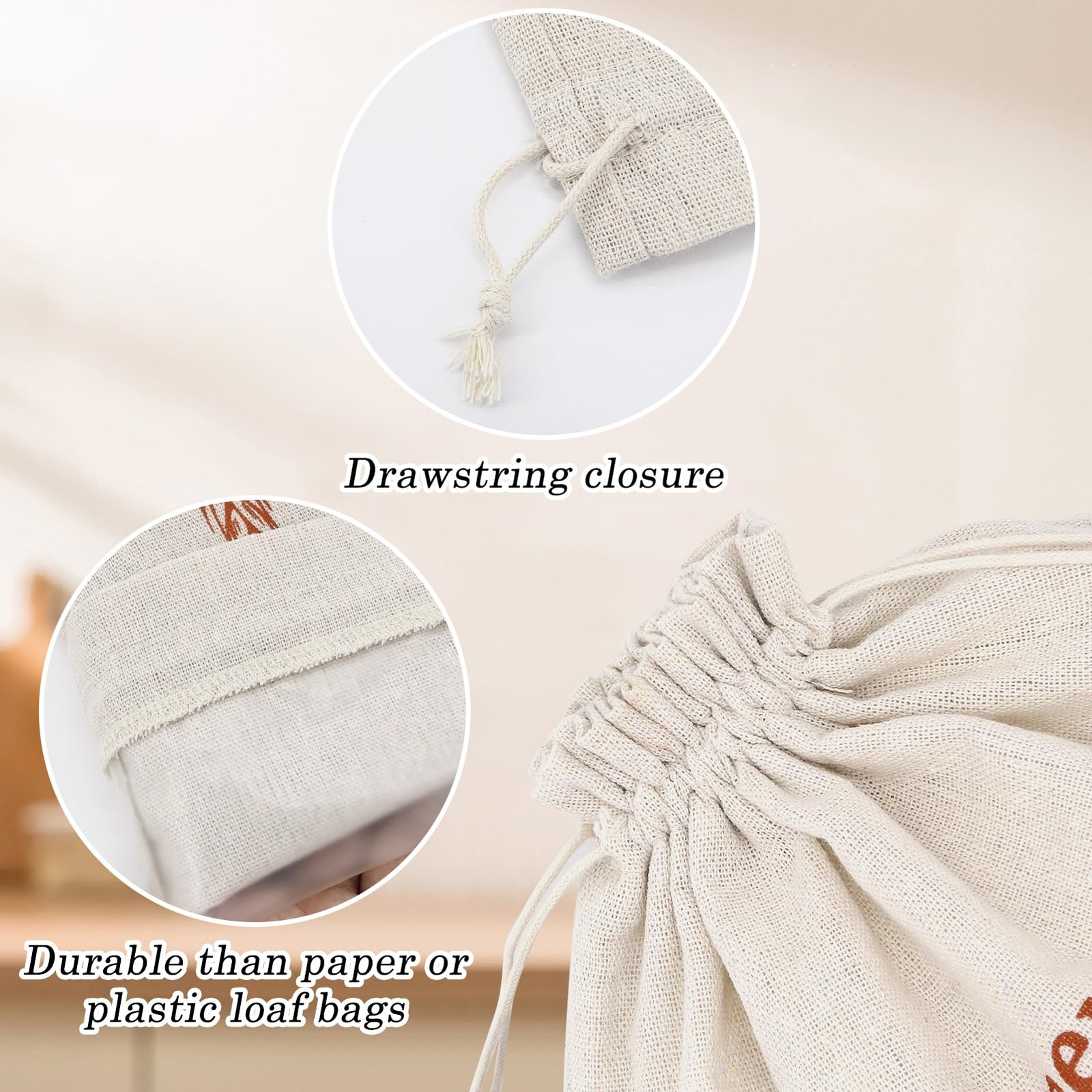 2 Pack Reusable Linen Bread Storage Bags with 15×12 inches, 2 patterns