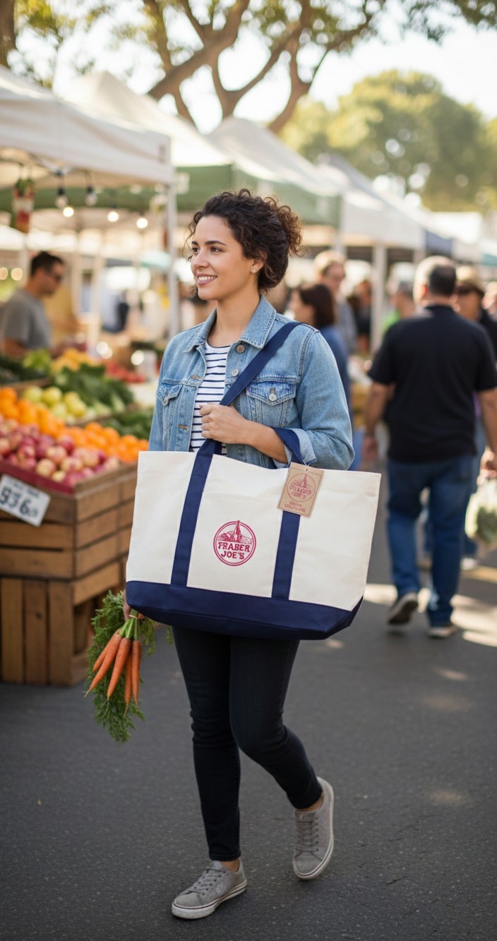 Trader Joe’s Large Reusable Foldable Cotton Shopping Bag Beige Navy Blue