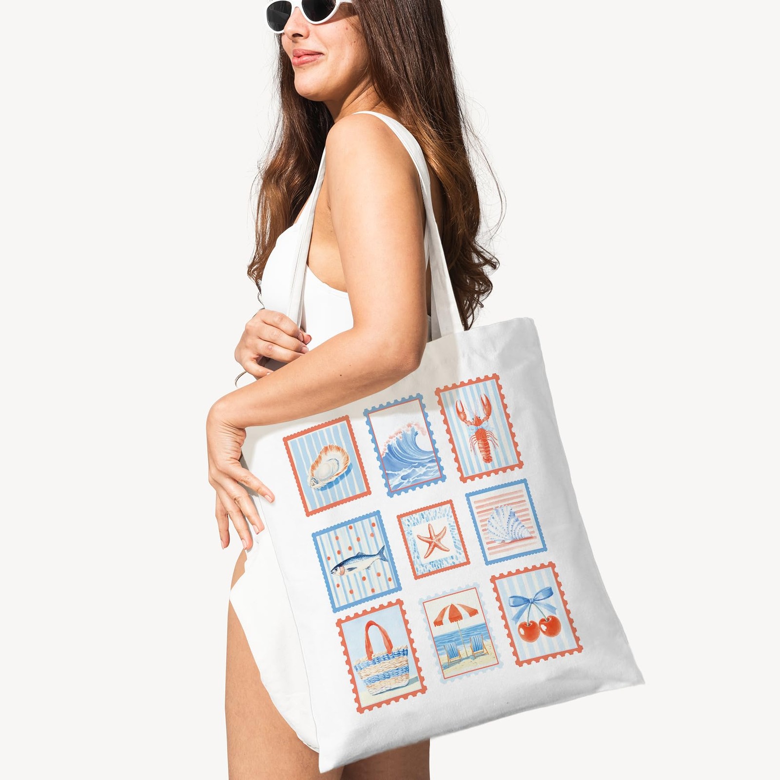 Coastal Beach Stamp Canvas Tote Bag – Vintage Seaside Design Reusable Grocery…