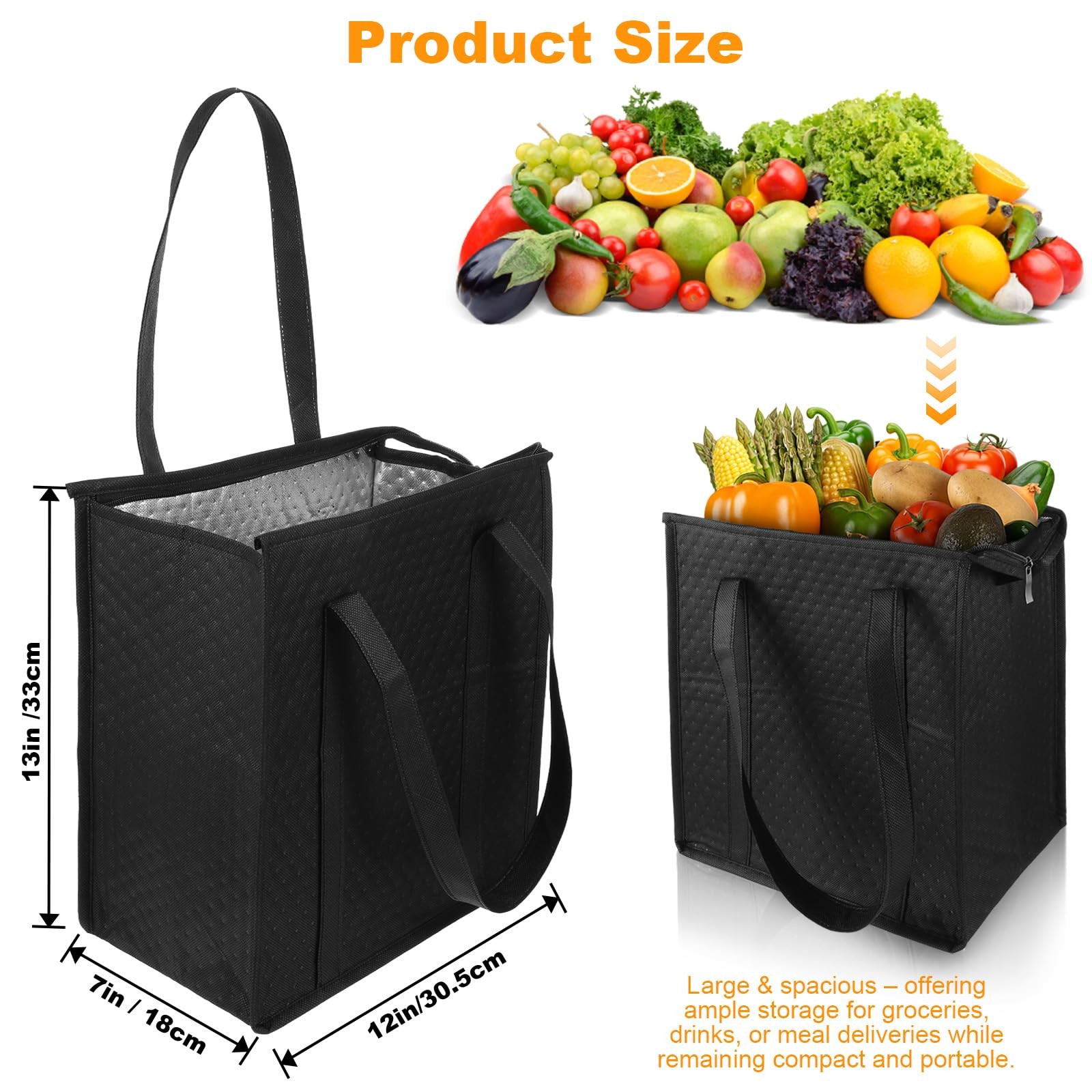 6 PCS Insulated Grocery Bags Reusable Thermal Shopping Tote Hot/Cold Food Black