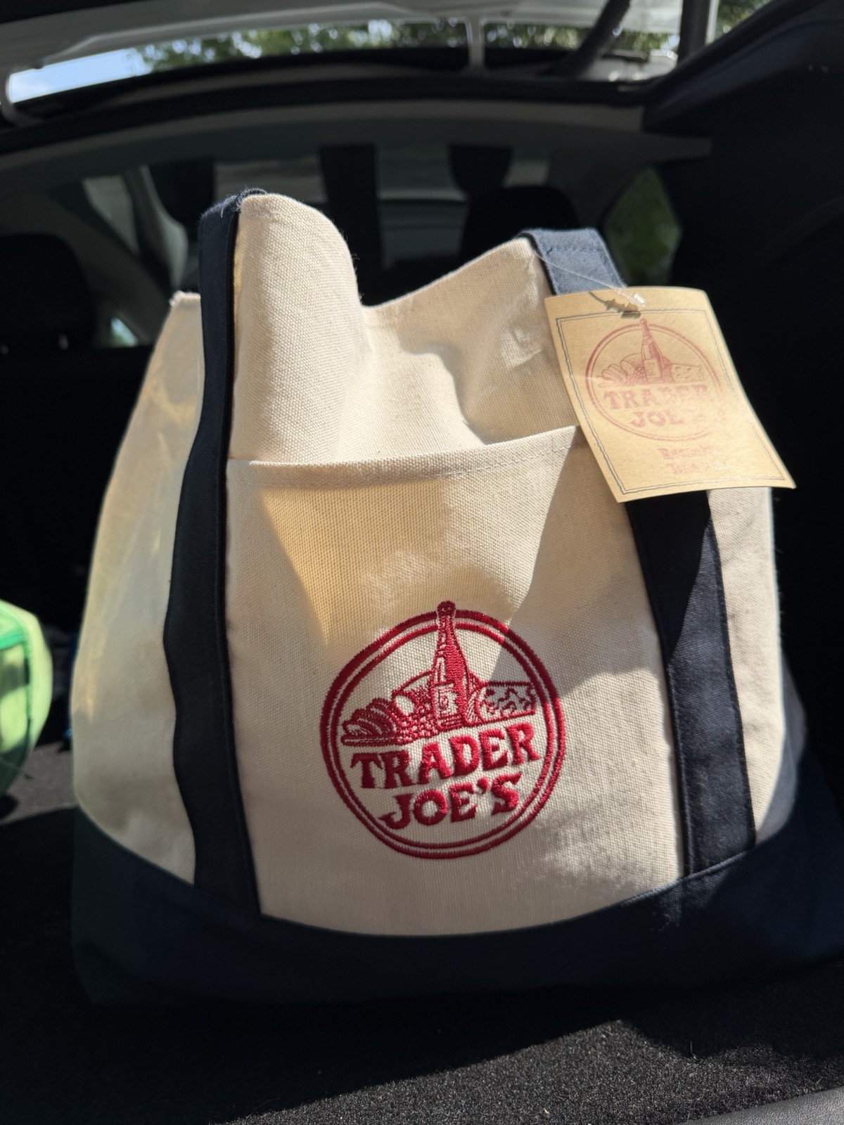 Trader Joe’s Reusable Tote Bag Canvas Cotton Blue Strap – Heavy Duty Large *New*