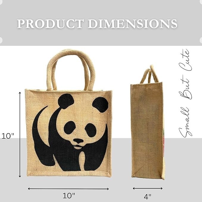 Panda Pack of 5 | Eco-Friendly Jute Fabric Printed Tote Bag with Zipper, Handle