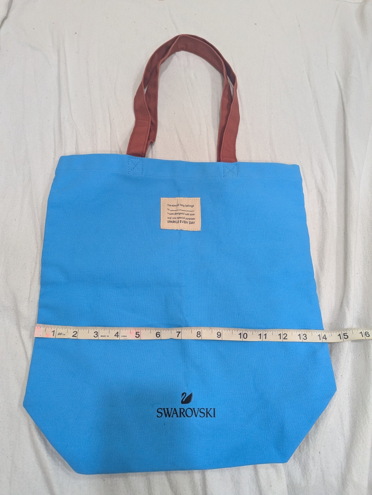 Swarovski Reusable Tote Bag Blue Beige Red Graphic Print 15x14x4 in