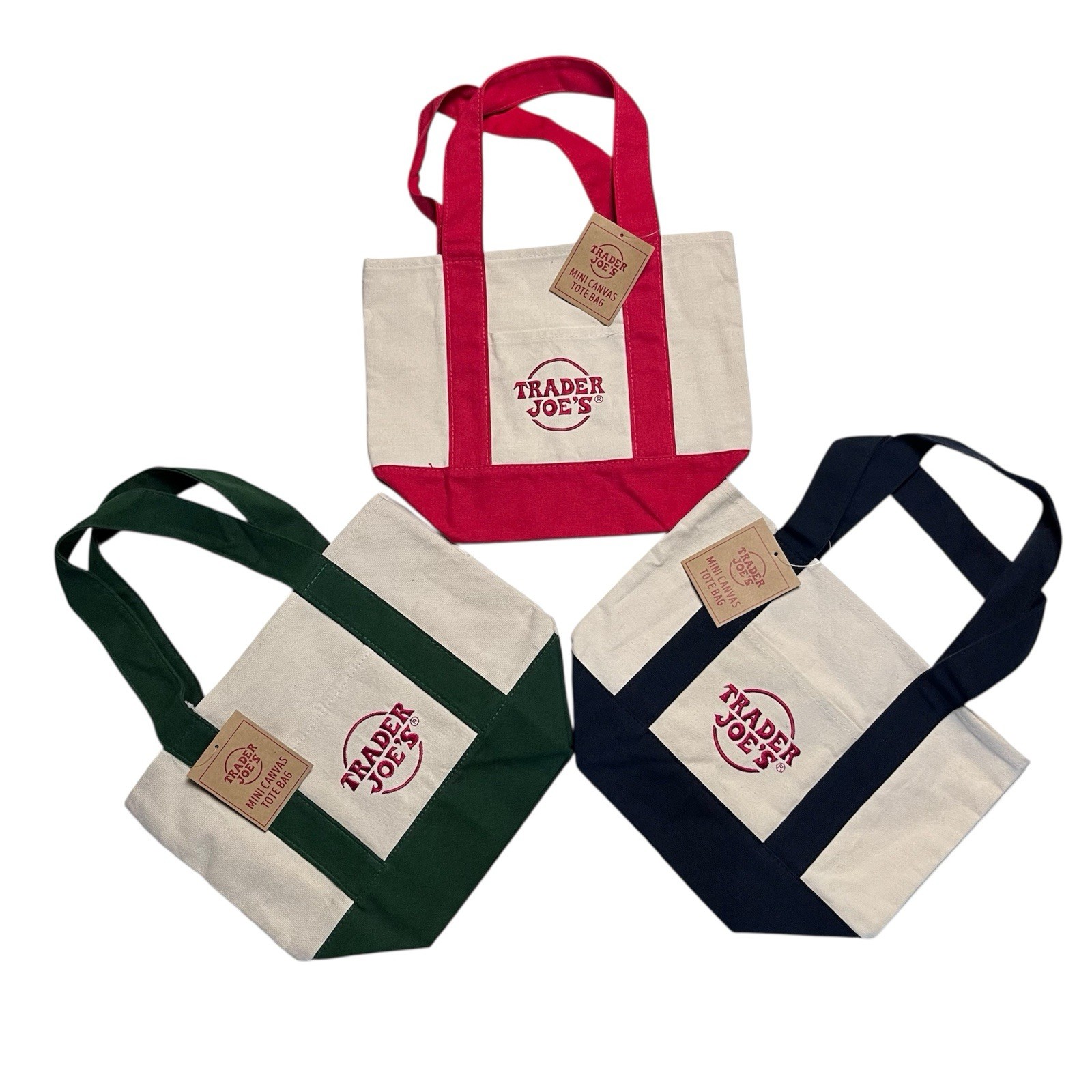 Trader Joe’s Mini Canvas Tote Bags Set of 3 Red Navy Blue & Green NWT