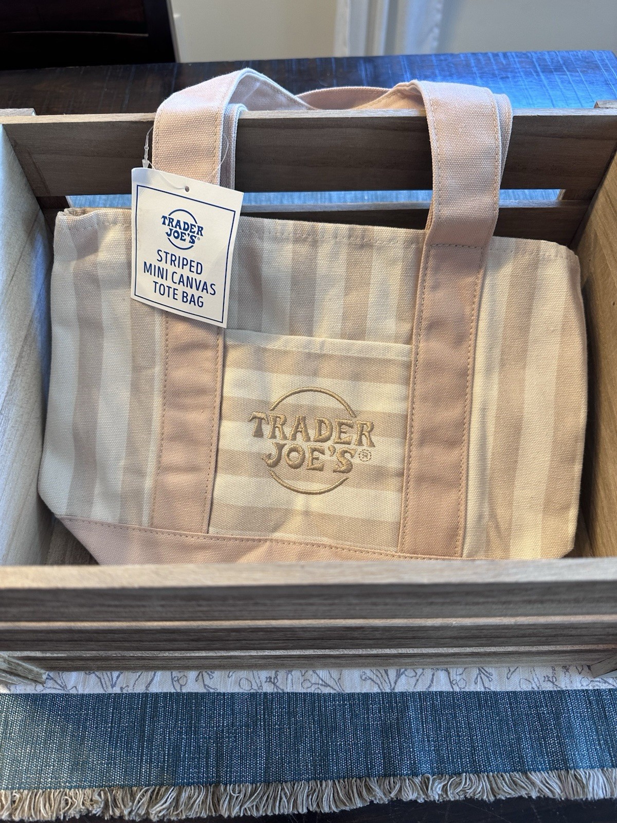 Trader Joe’s Striped Mini Canvas Tote Bag Small Desert Sand Cotton Blend