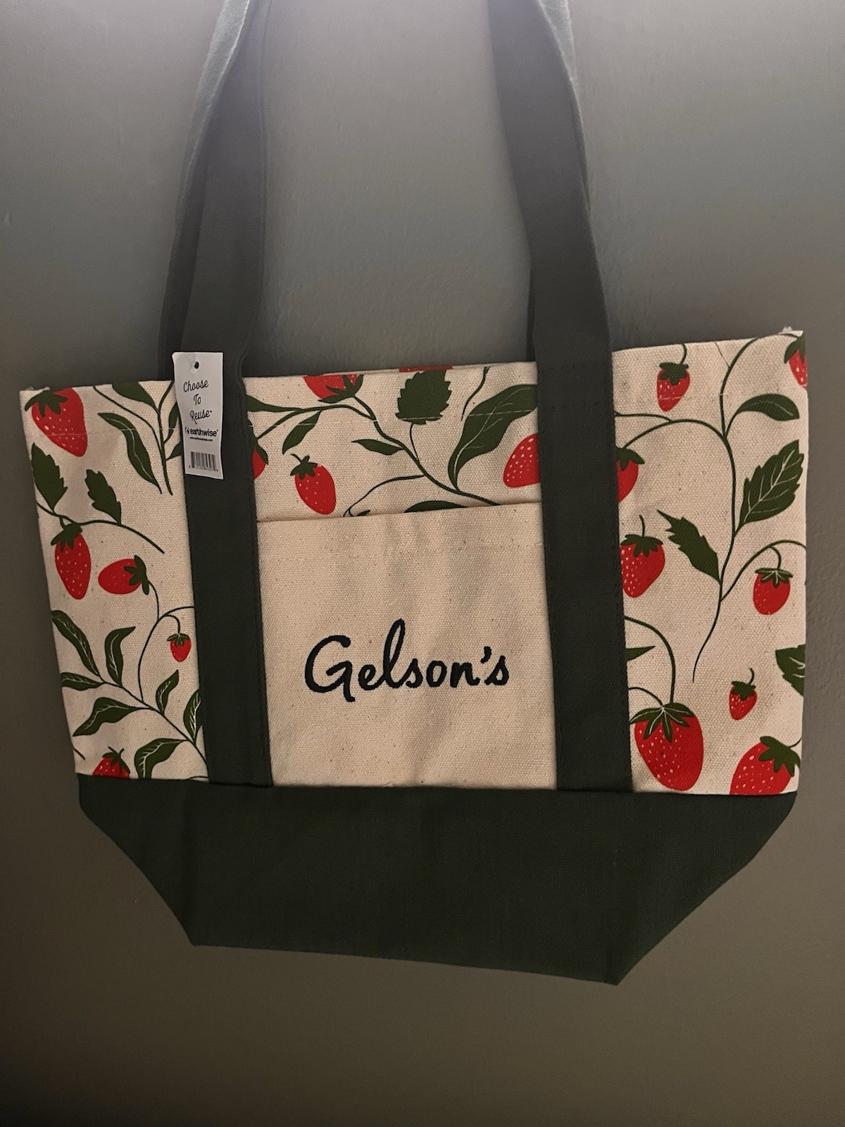 Gelson’s Reusable Strawberry Print Tote Shopping Bag Green & Beige
