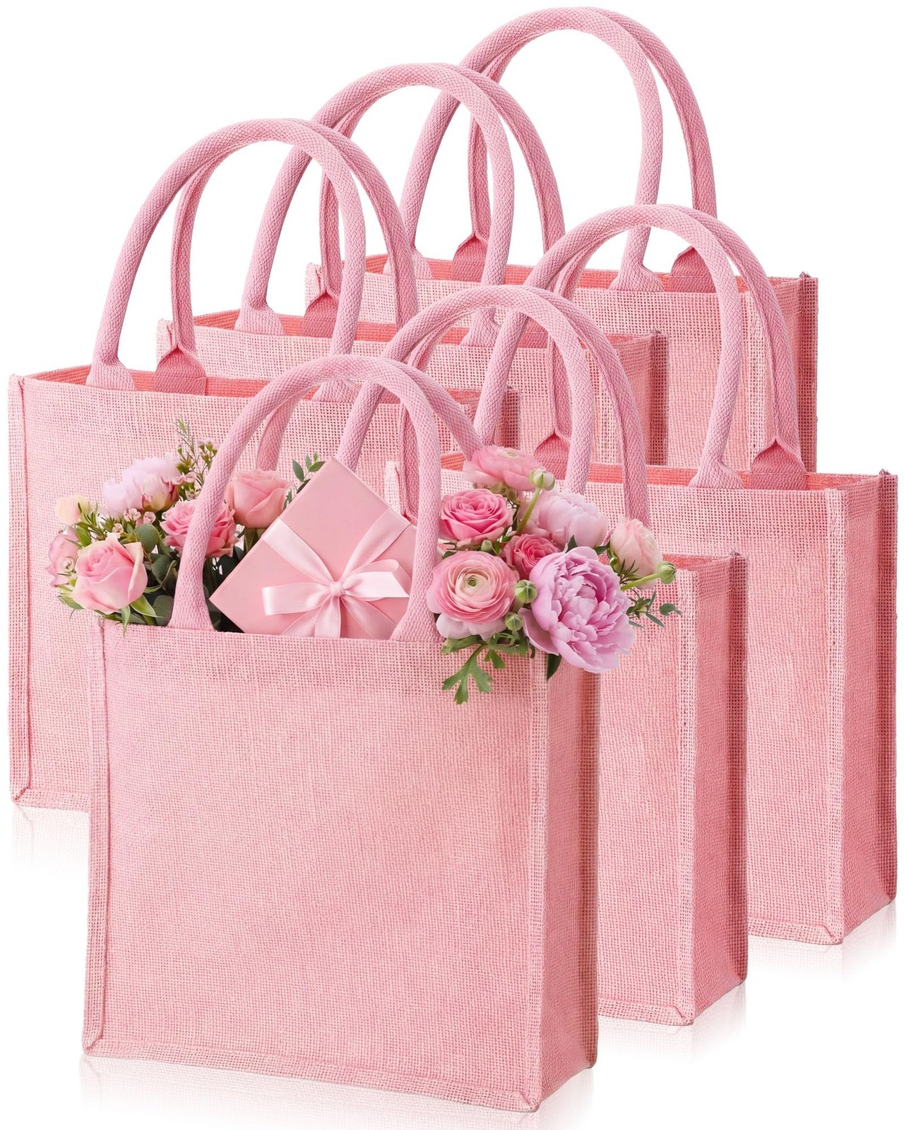 6 PCS Burlap Tote Bags Reusable Pink Jute Grocery Waterproof 12.2x11x4.7 In