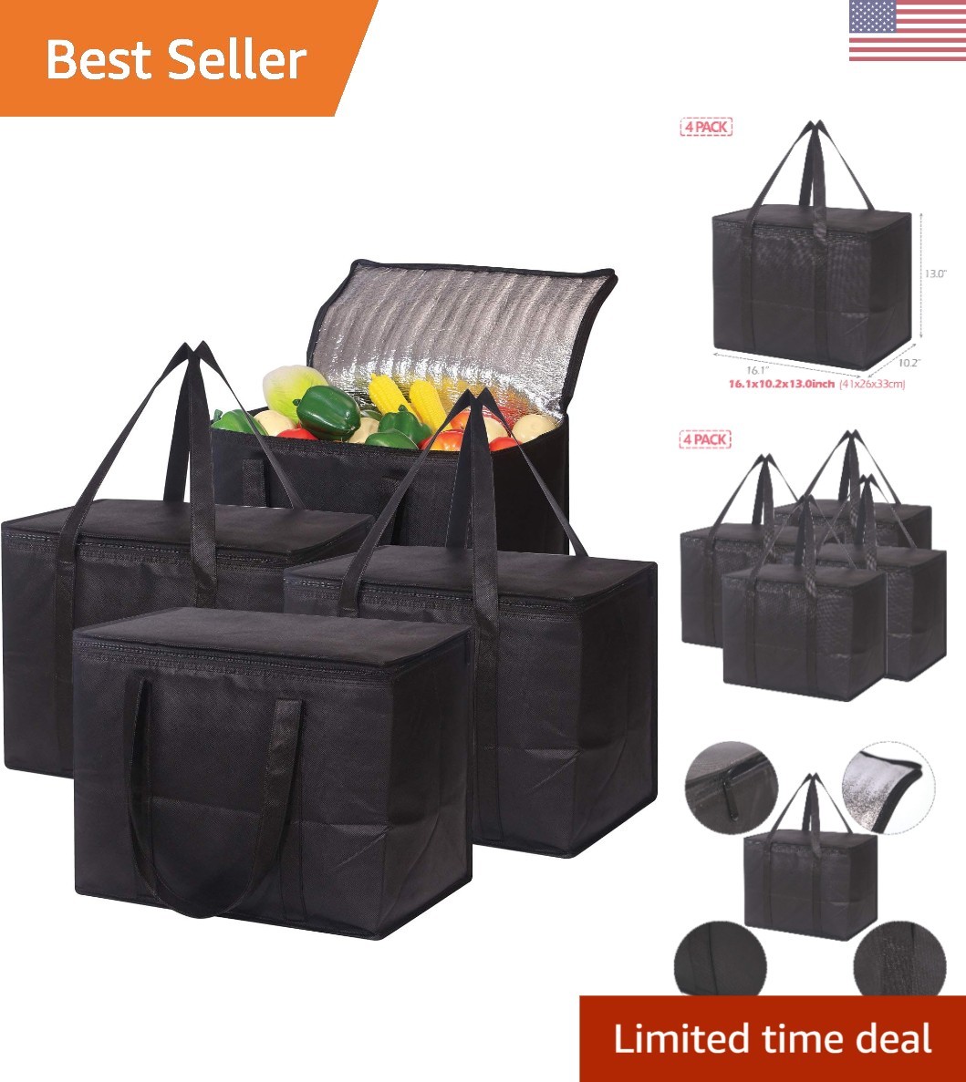 4-Pack Foldable Insulated Grocery Bags with Zippered Closure for Easy Storage