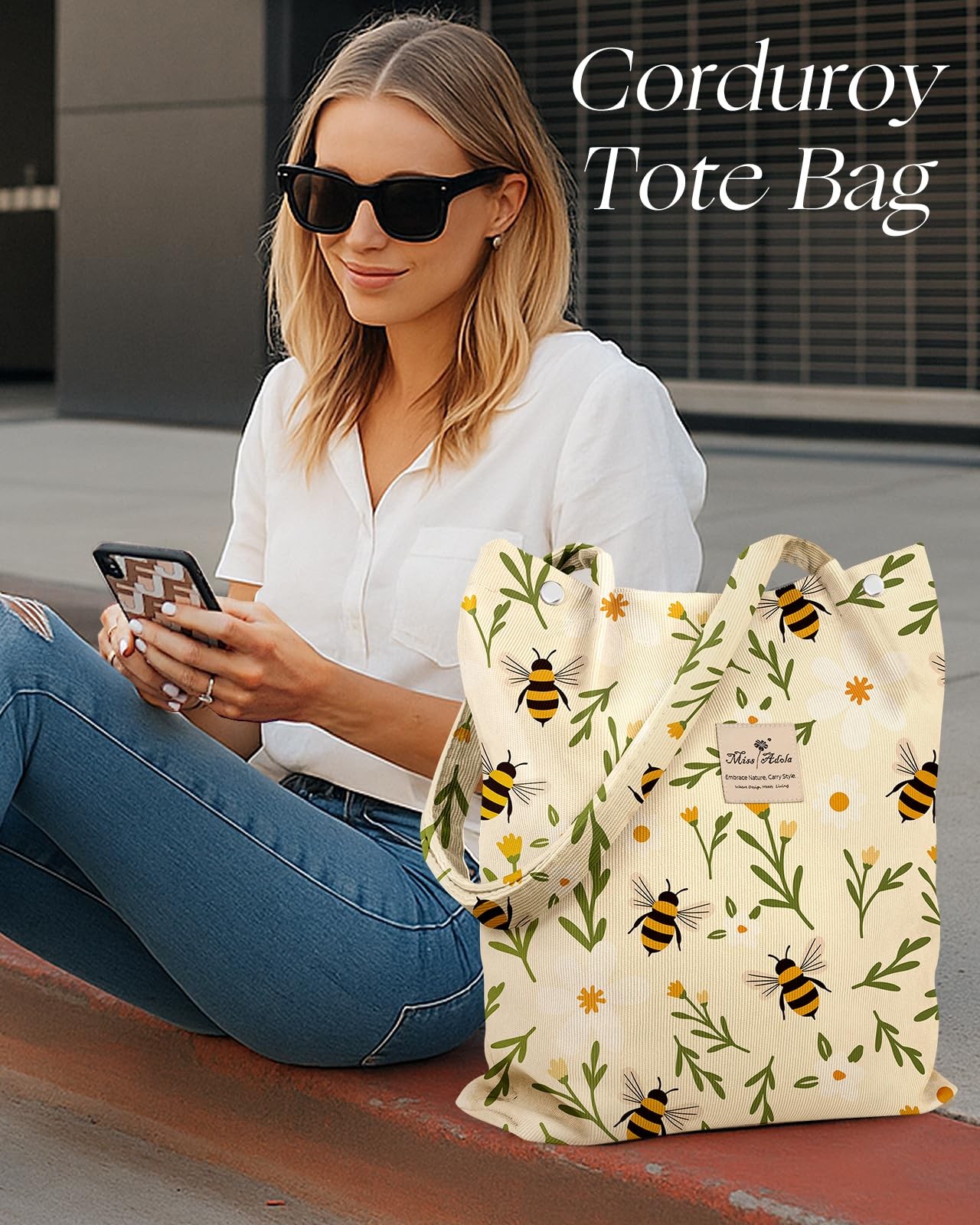 Corduroy Tote Bag for Women – Reusable Totes with Pocket & Buckle Cute Aesthe…