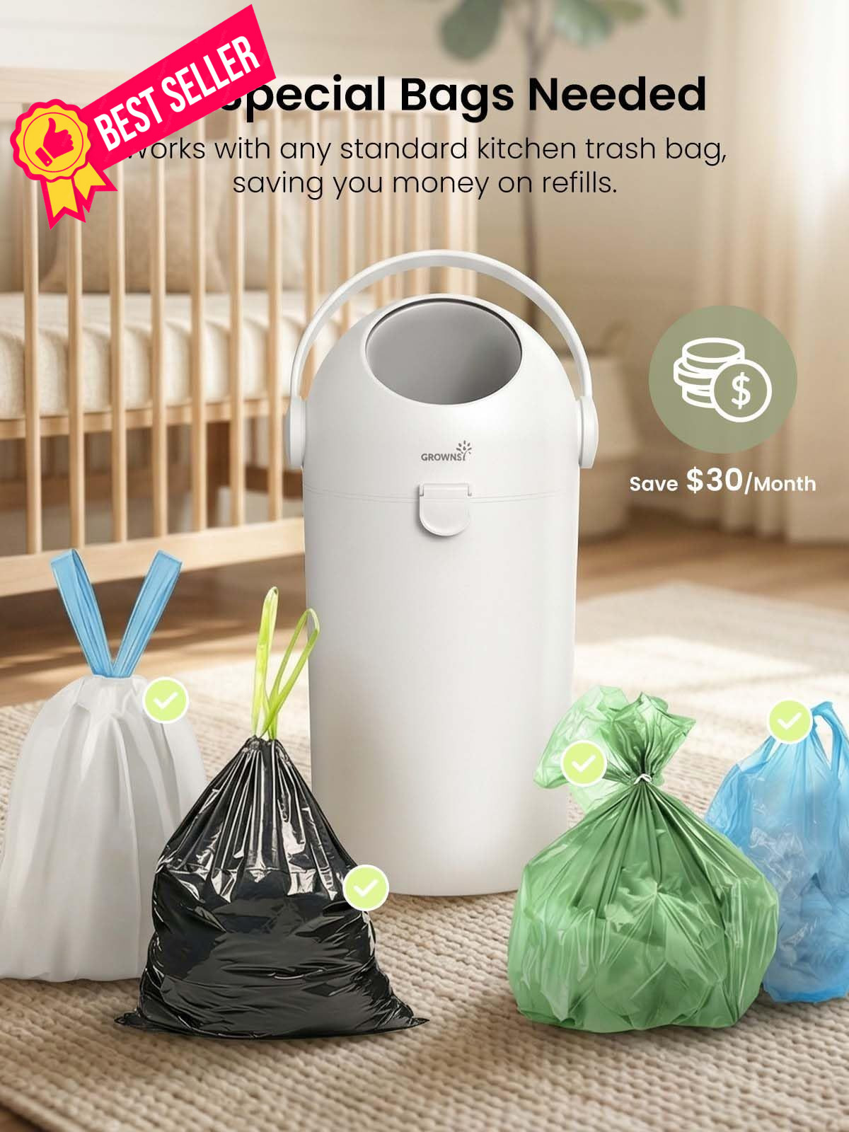 Grownsy Baby Diaper Pail, Odor-Locking Roll-Top Design, No Special Bag White