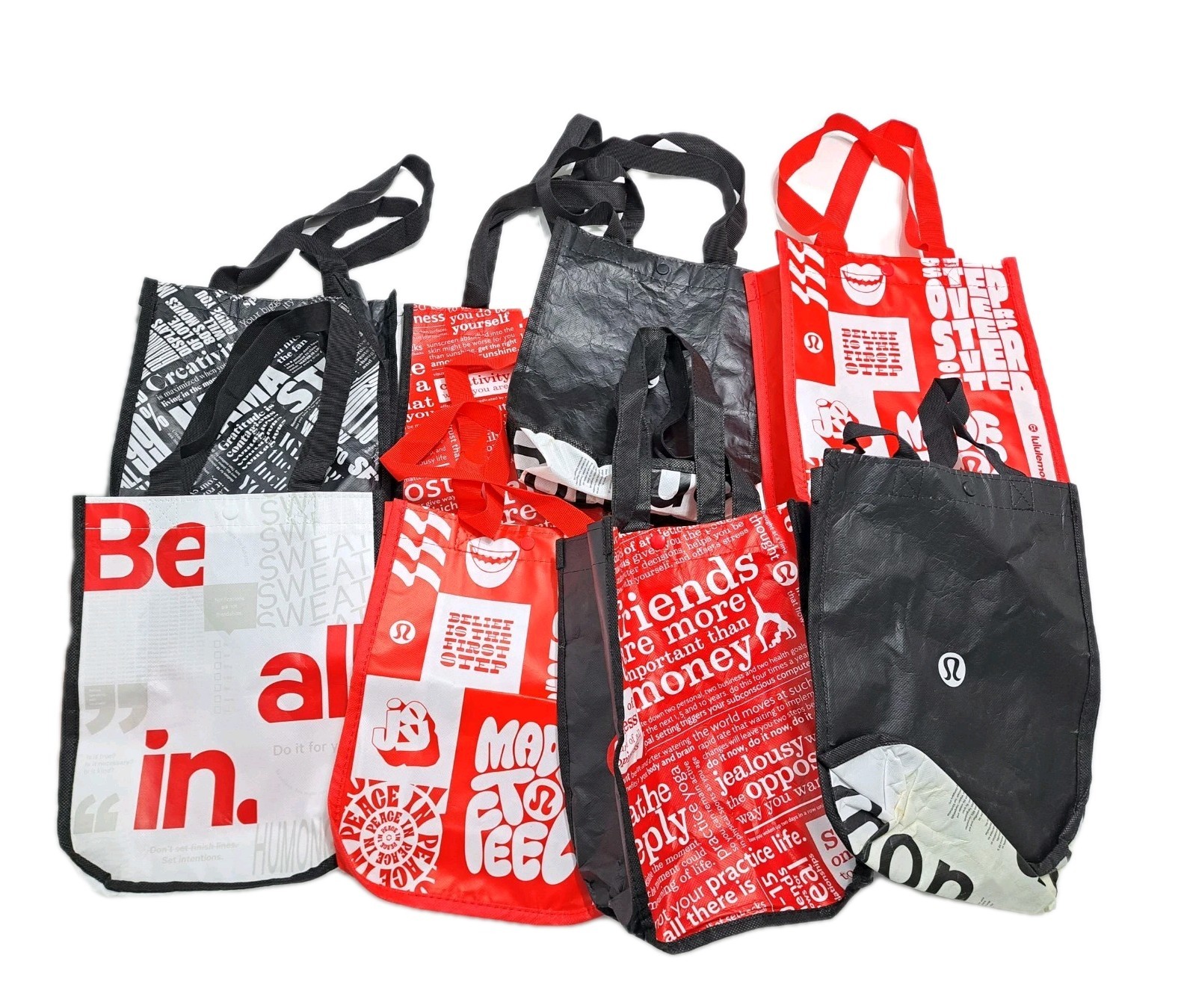 Lululemon Lot of 8 Reusable Shopping Tote Bags Small Medium Red Black White