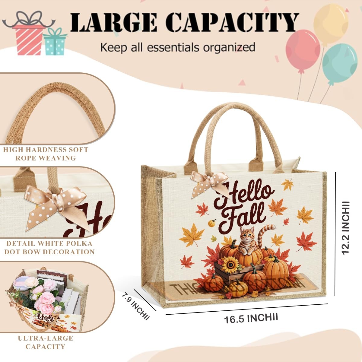 CHQIUCR Autumn Pumpkin Canvas Tote Bag Large Reusable Grocery Bag 16.7×12.5×7.5