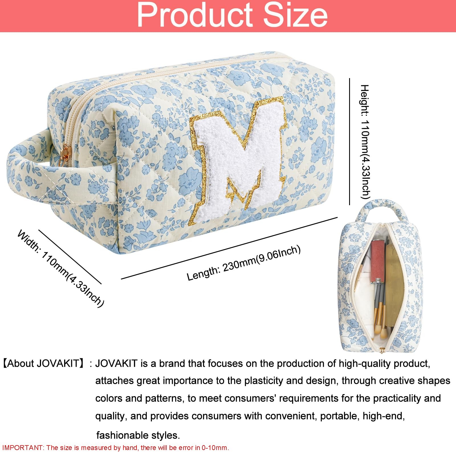 JOVAKIT Alphabet Makeup Bag Cosmetic 9.06 x 3.54 x 4.33 inches, Blue Floral