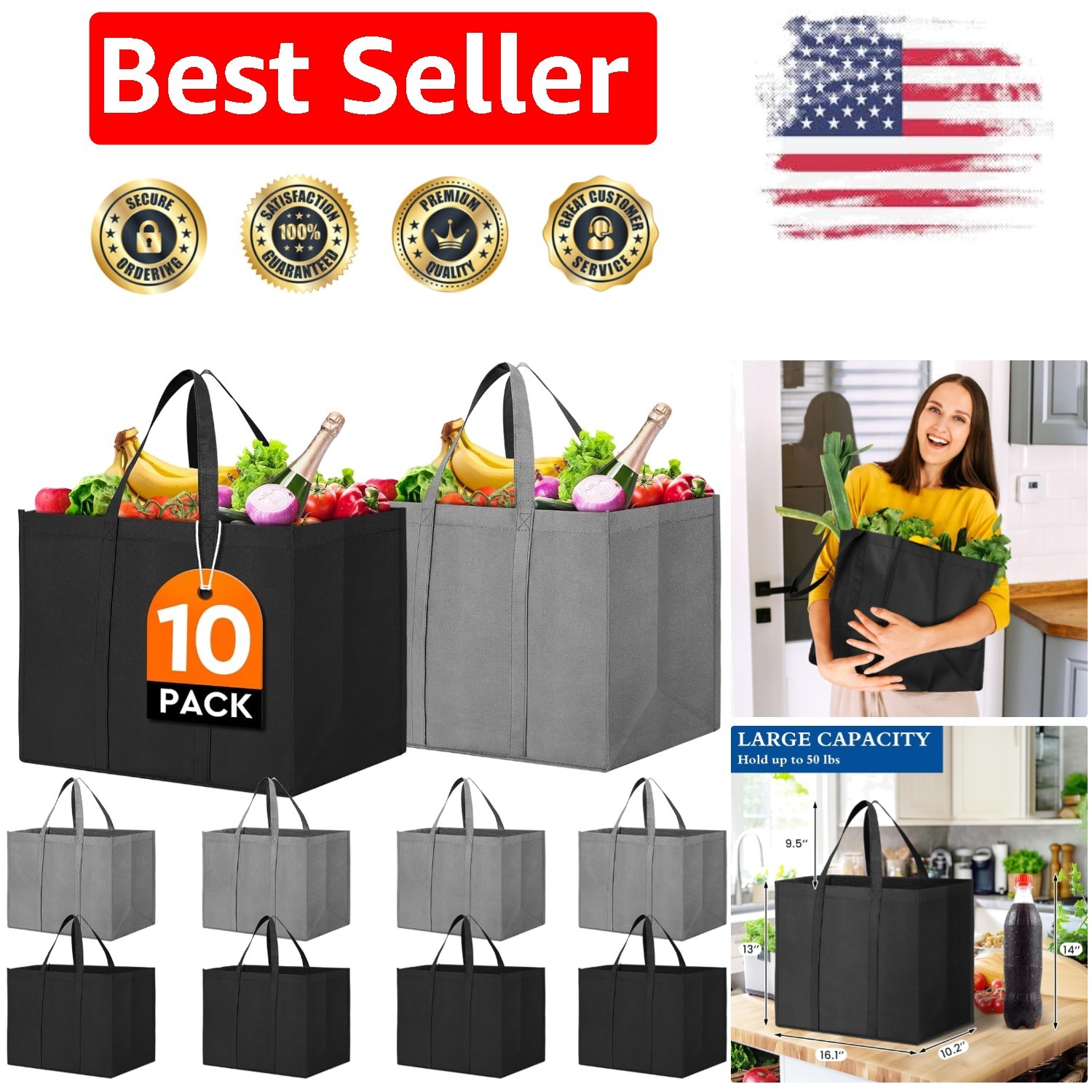 Large Foldable Grocery Tote Bags – 10 Pack Grey & Black Reusable Solution