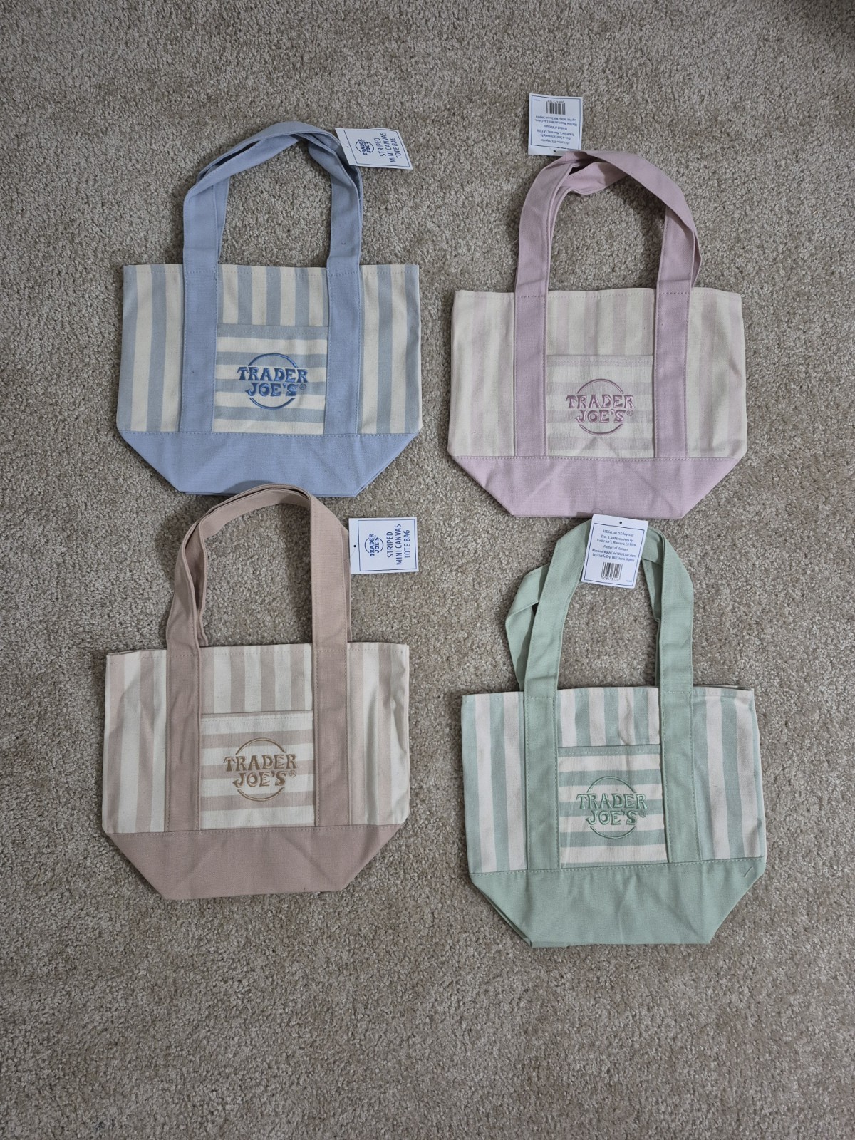 TRADER JOE’S MINI PASTEL STRIPE CANVAS TOTE BAGS SET Of 4 PINK BLUE GREEN BEIGE
