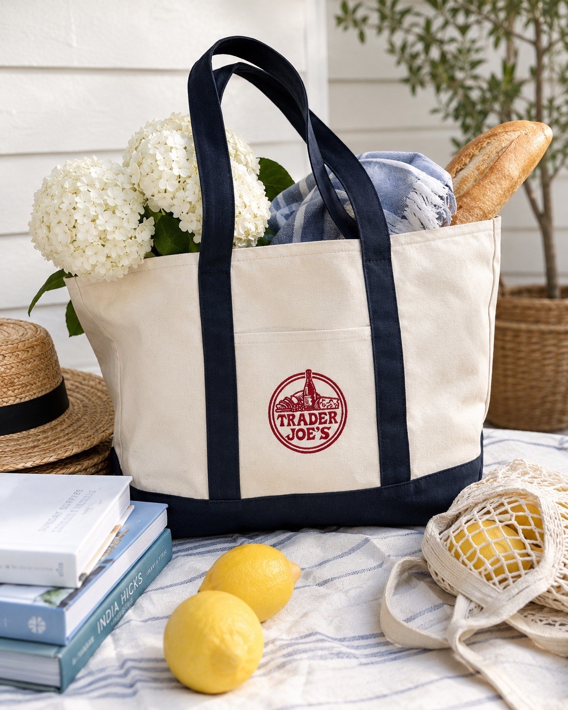 Trader Joe’s Canvas Boat & Tote Bag Navy Natural Embroidered Logo Large HTF
