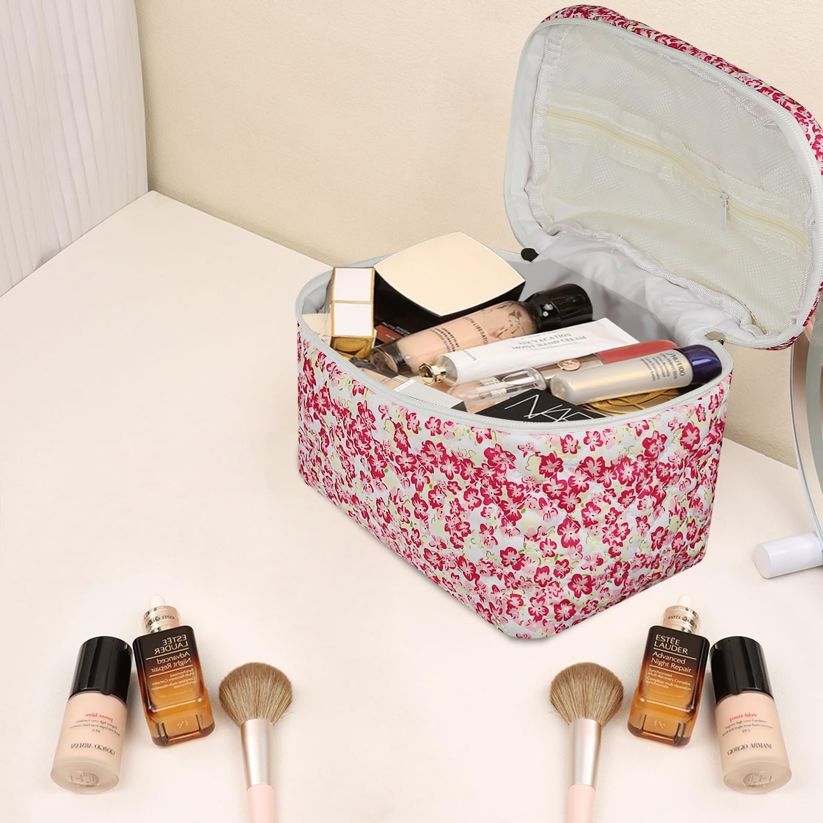 Gosect 1pc Large Makeup Bag, Cute Cosmetic Floral 08 Red Small Flower