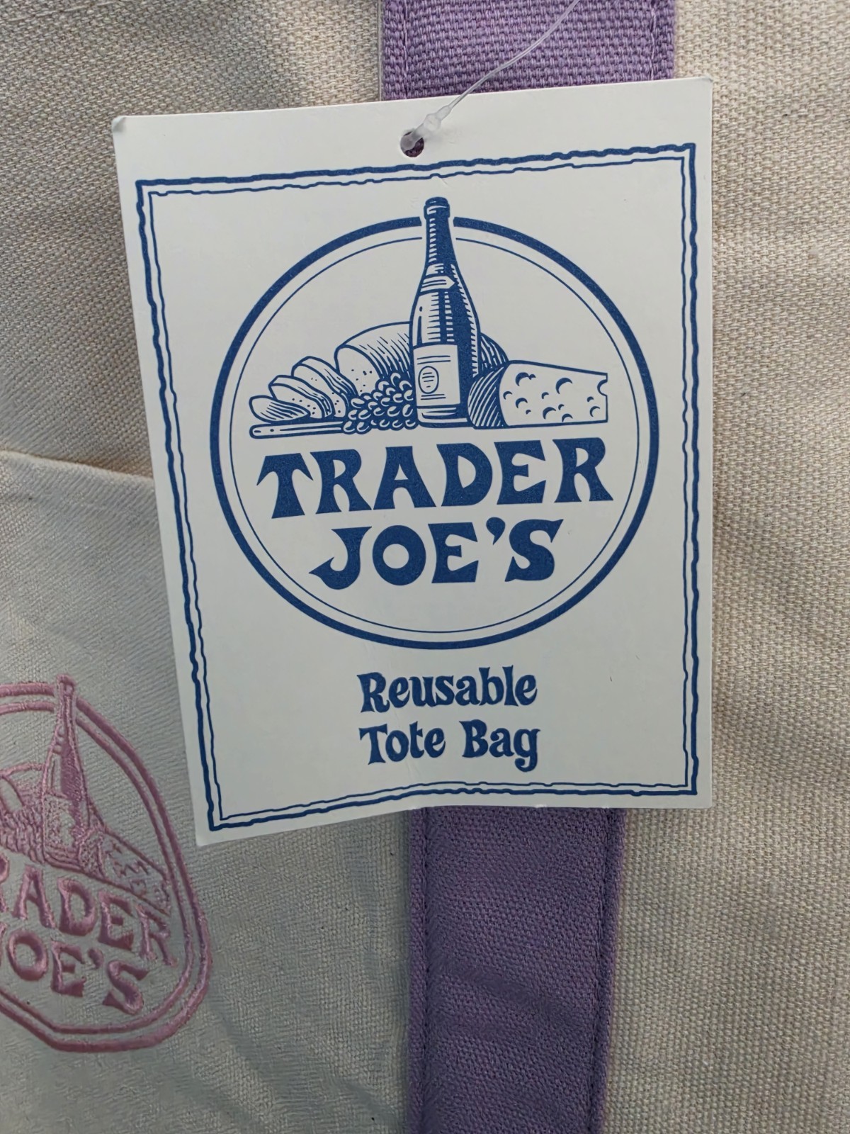 Trader Joe’s Reusable Beige Purple Canvas Tote Bag Solid Plain