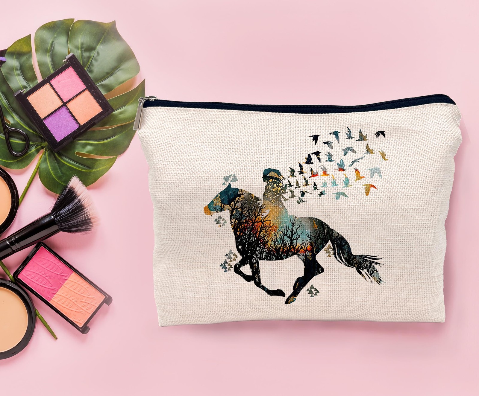 Lacosu Watercolor Girl Riding Horse Horseback with Birds Makeup Multicolor