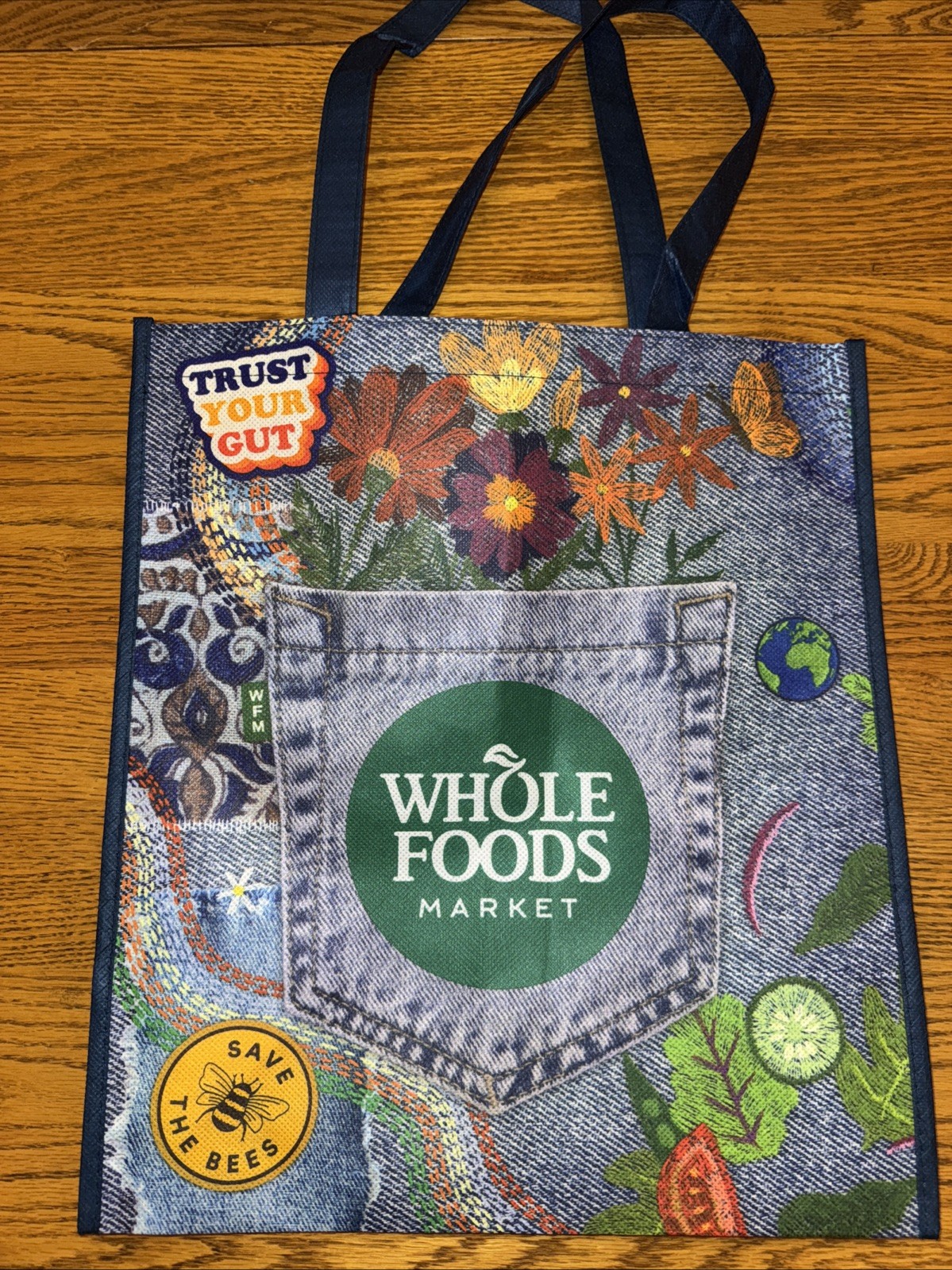 NWT Whole Foods reusable Bag Hippie Denim Embroidery Boho Large Machine Wash