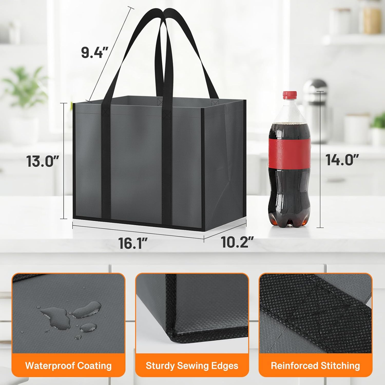 Reusable Grocery Bags With Handles 35L Large Shopping Bags Foldable 3 Pack