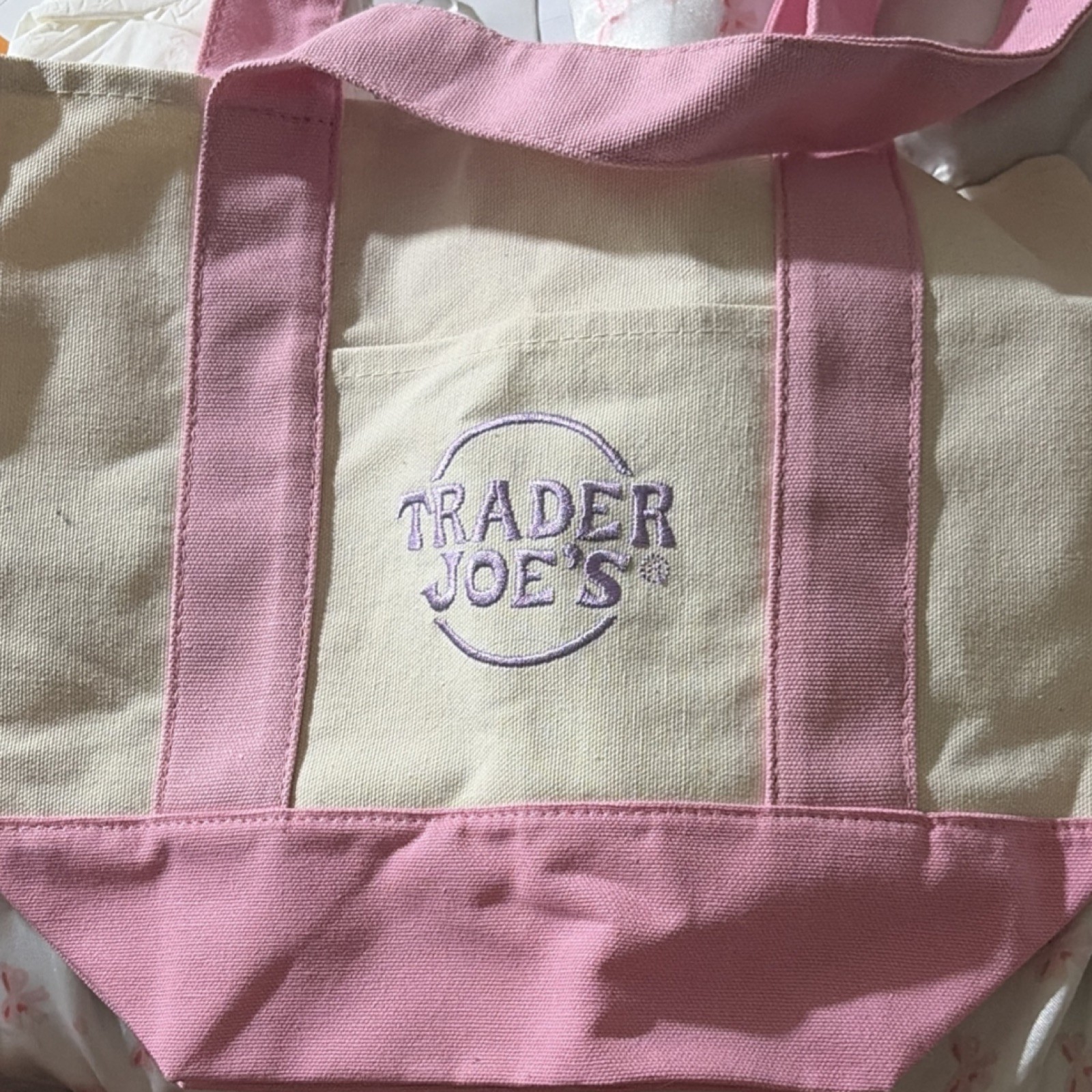 Trader Joe’s Foldable Canvas Tote Pink Beige Color Block Shopping Bag