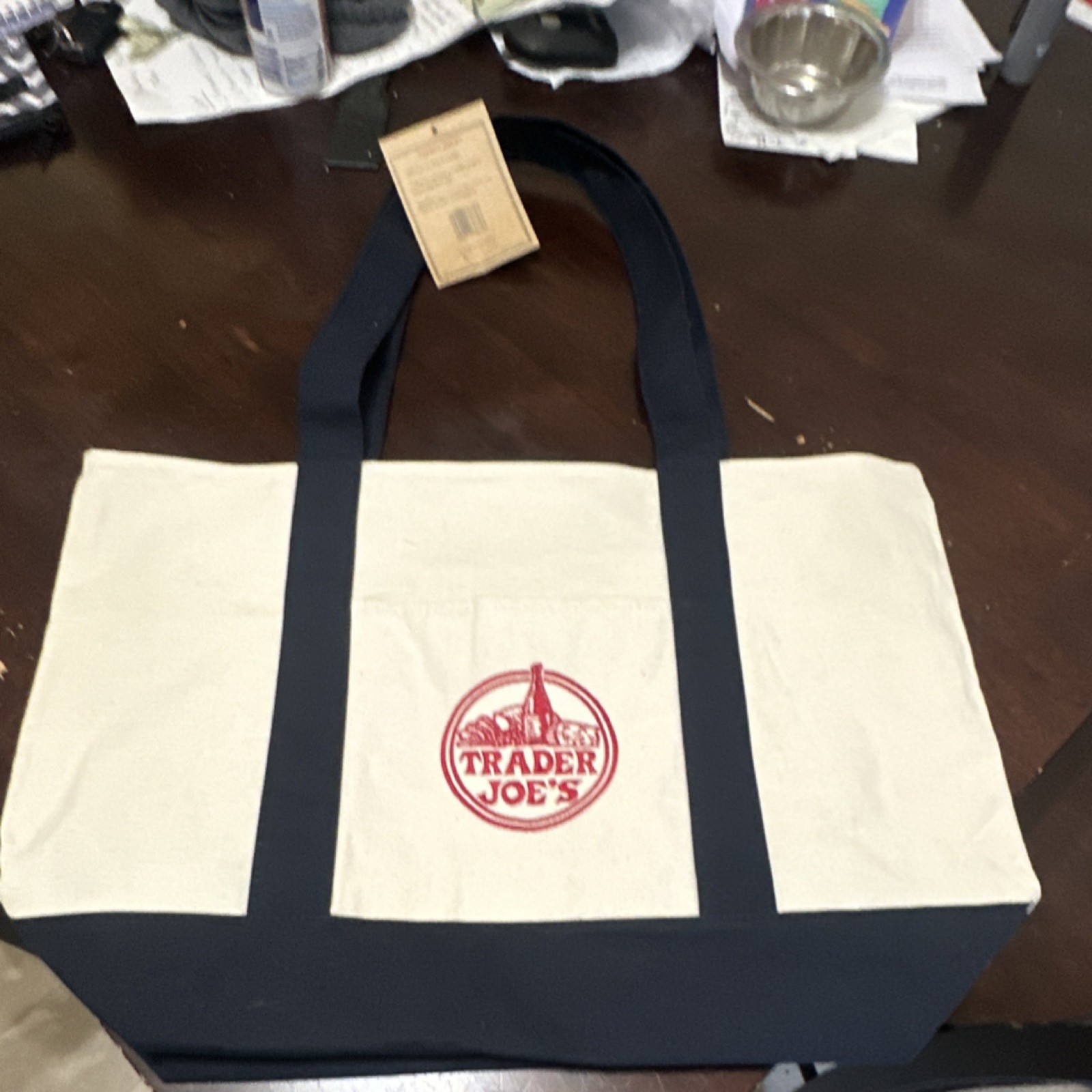 Trader Joe’s Beige Navy Canvas Foldable Reusable Shopping Bag Solid