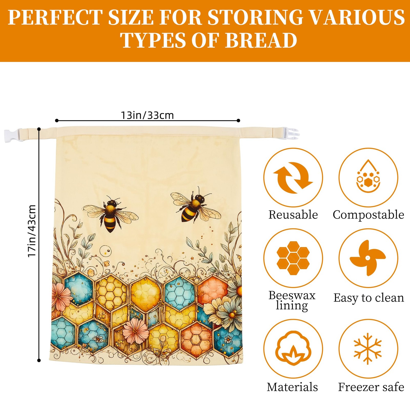 Beeswax Bread Bags for Homemade Sourdough, 2 Pack 13″W x 17″H, Yellow