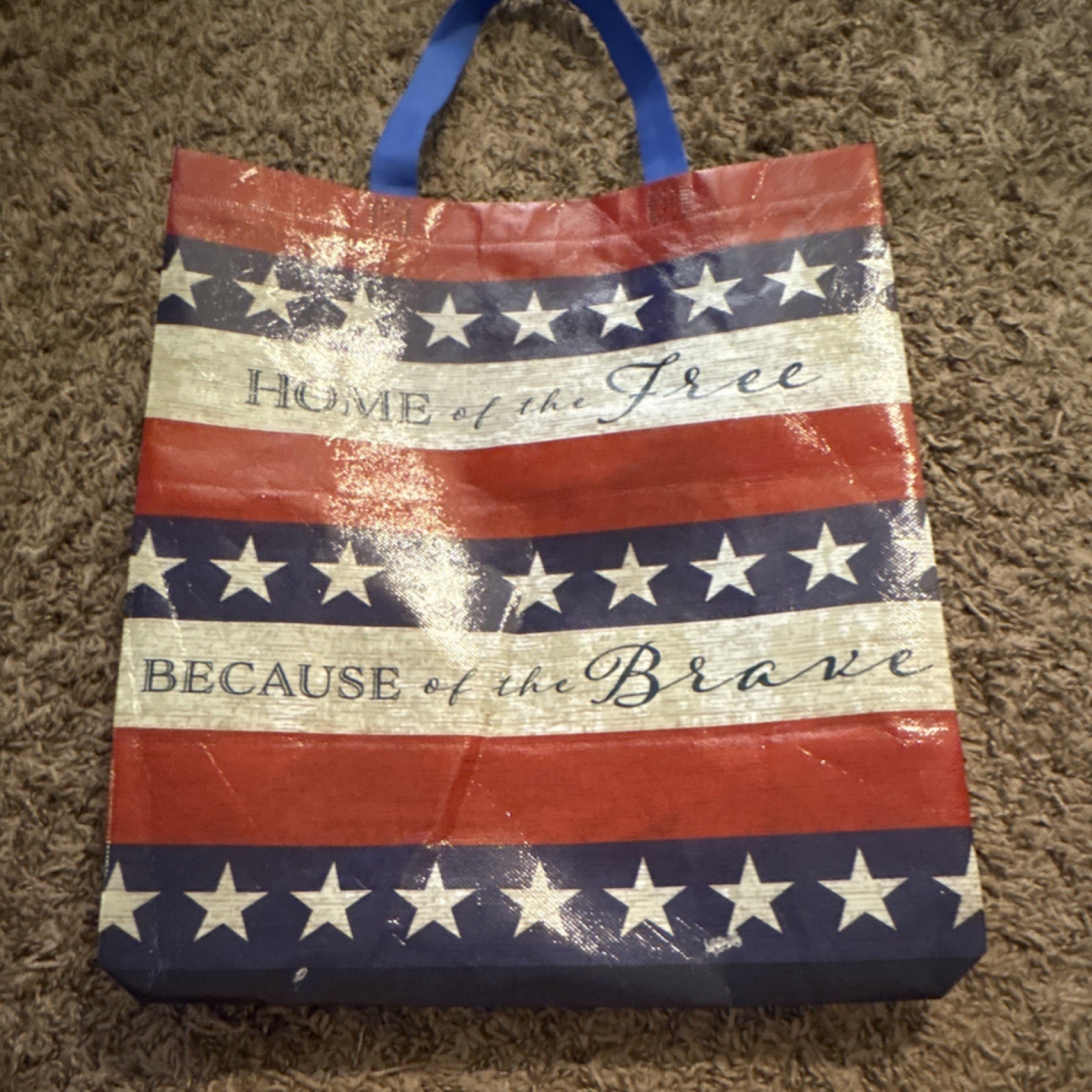 Large Reusable Shopping Bag Plastic Stars & Stripes Red White Blue Foldable Used