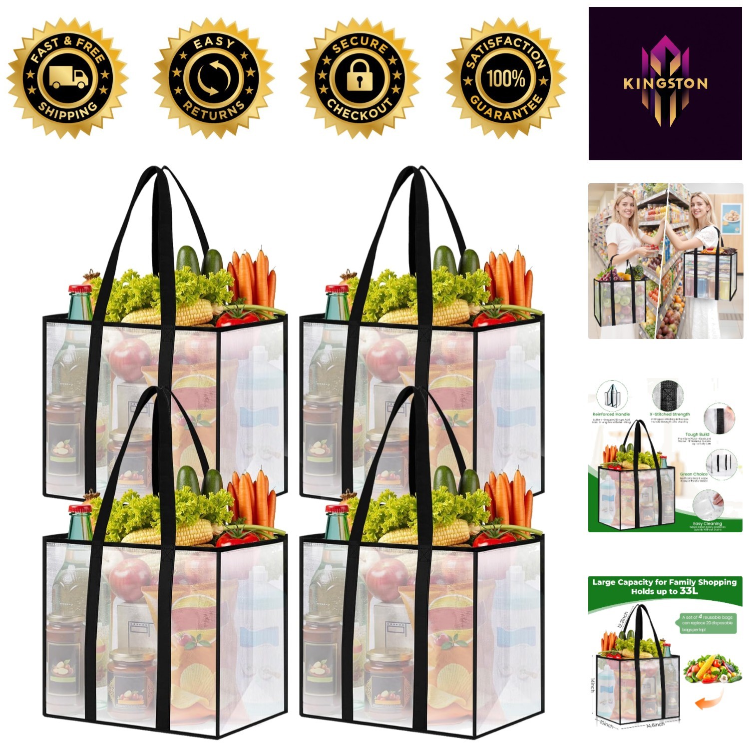 4 Pack Reusable Heavy-Duty Grocery Bags, Water-Resistant & Foldable – 33L