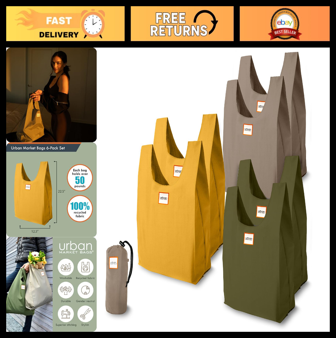 6 Foldable Reusable Shopping Bags in Compact Pouch, Eco-Friendly, Holds 50+ lbs,