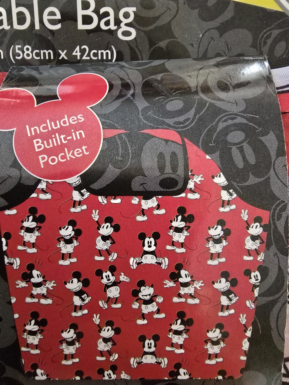 NEW Disney Mickey Mouse Reusable Bag XL Built In Pocket Foldable 23×16.5