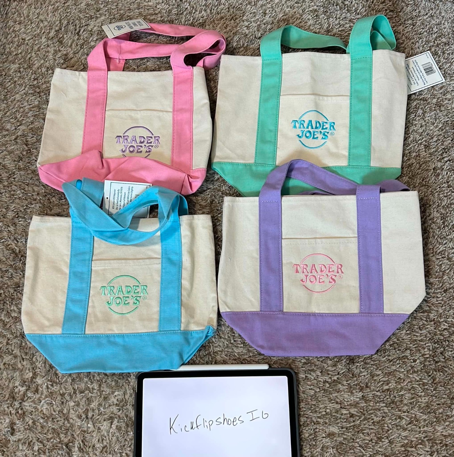 Trader Joe’s Mini Pastel Canvas Tote Bags Complete Set of 4 New With Tags