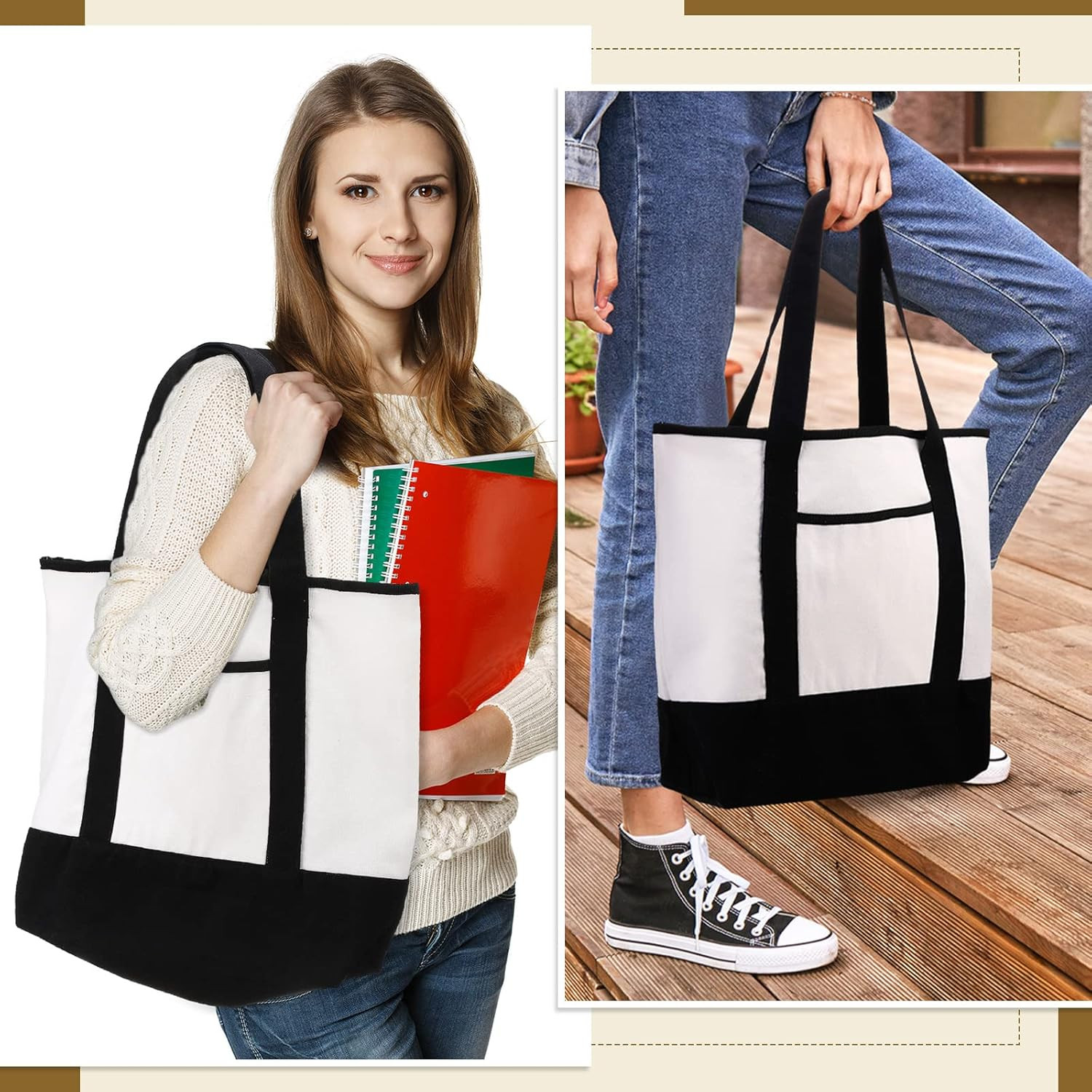 16 Pcs Reusable Canvas Tote Bags with Pocket – DIY Blank Grocery Bags