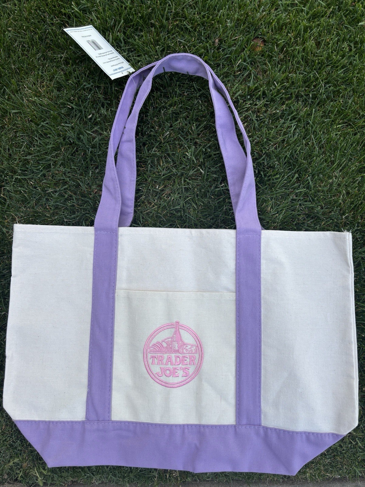 Trader Joe’s Canvas Foldable Reusable Shopping Bag Purple Beige