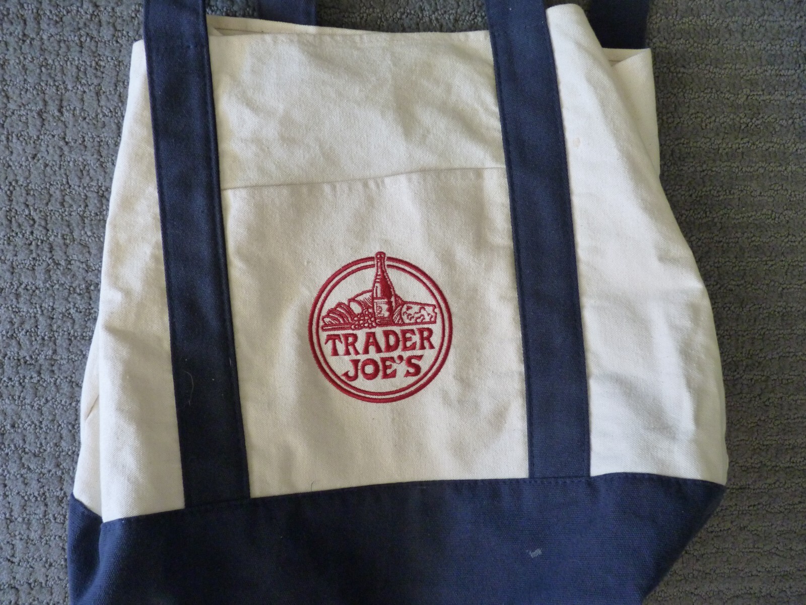 Trader Joe’s Reusable Canvas Eco Tote Bag Blue White Red Logo