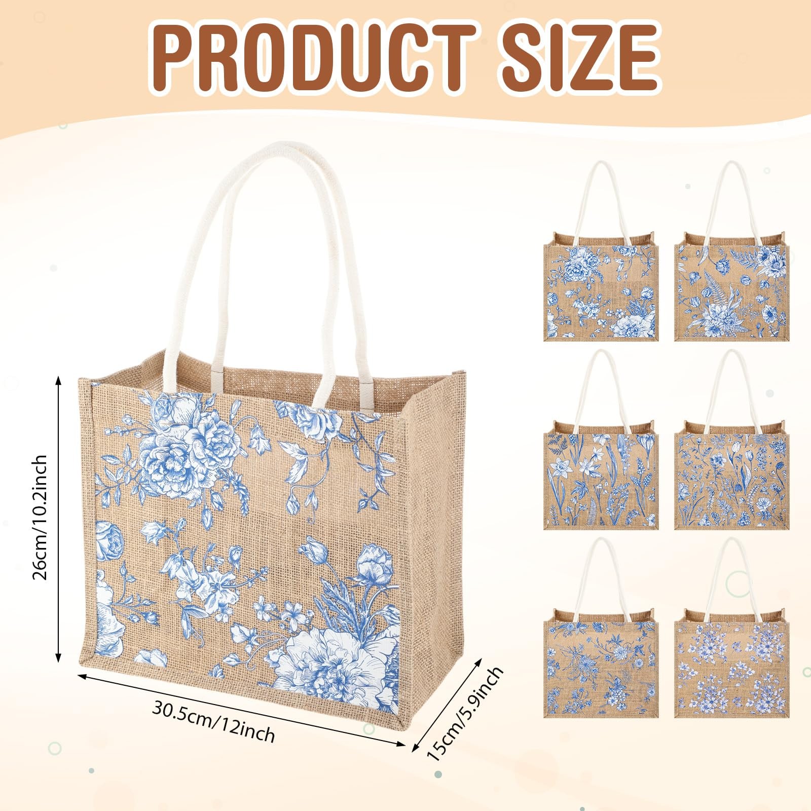 6 Pcs Blue and White Floral Burlap Tote Bags Chinoiserie Flower Jute Gift Bag…
