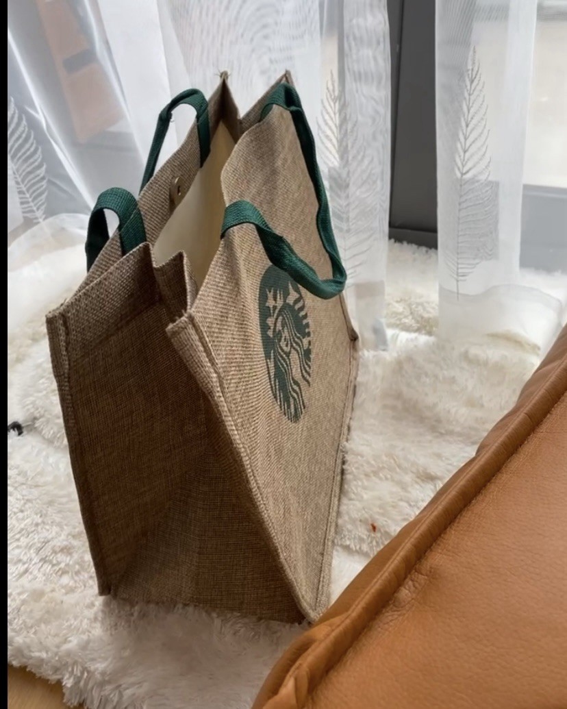 Starbucks Reusable Foldable Jute Shopping Bag Beige Green Handles Inner Pocket