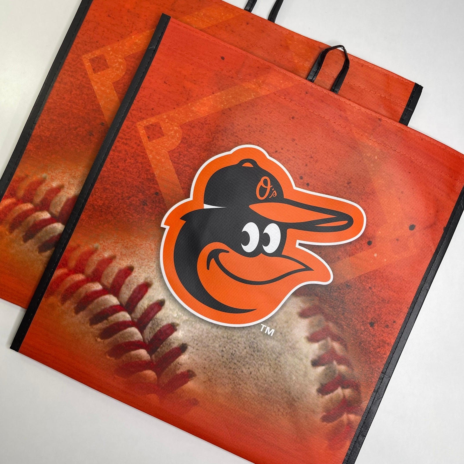 Set of 2! Baltimore Orioles Baseball Orange Black Reusable Shopping Tote Bag MLB