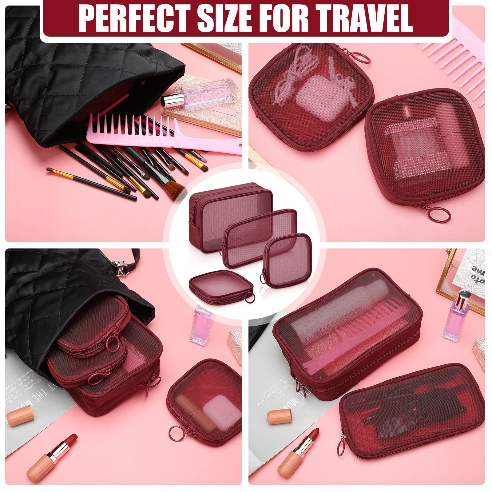 Weewooday 4 Pcs Mesh Makeup Bag Cosmetic Variety Pack, Wine Red