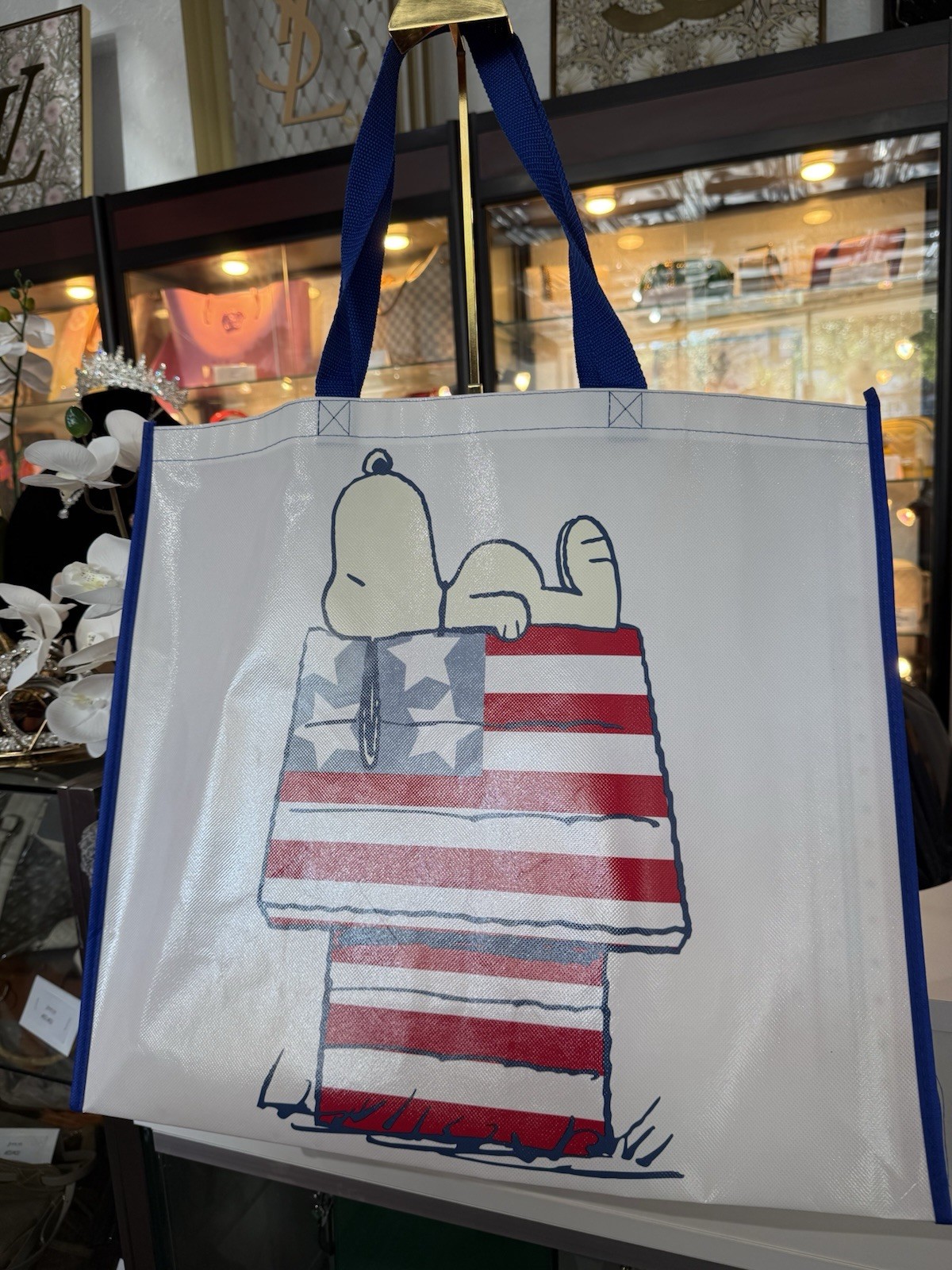 Peanuts Patriotic Snoopy On Doghouse Reusable Tote Bag NWT