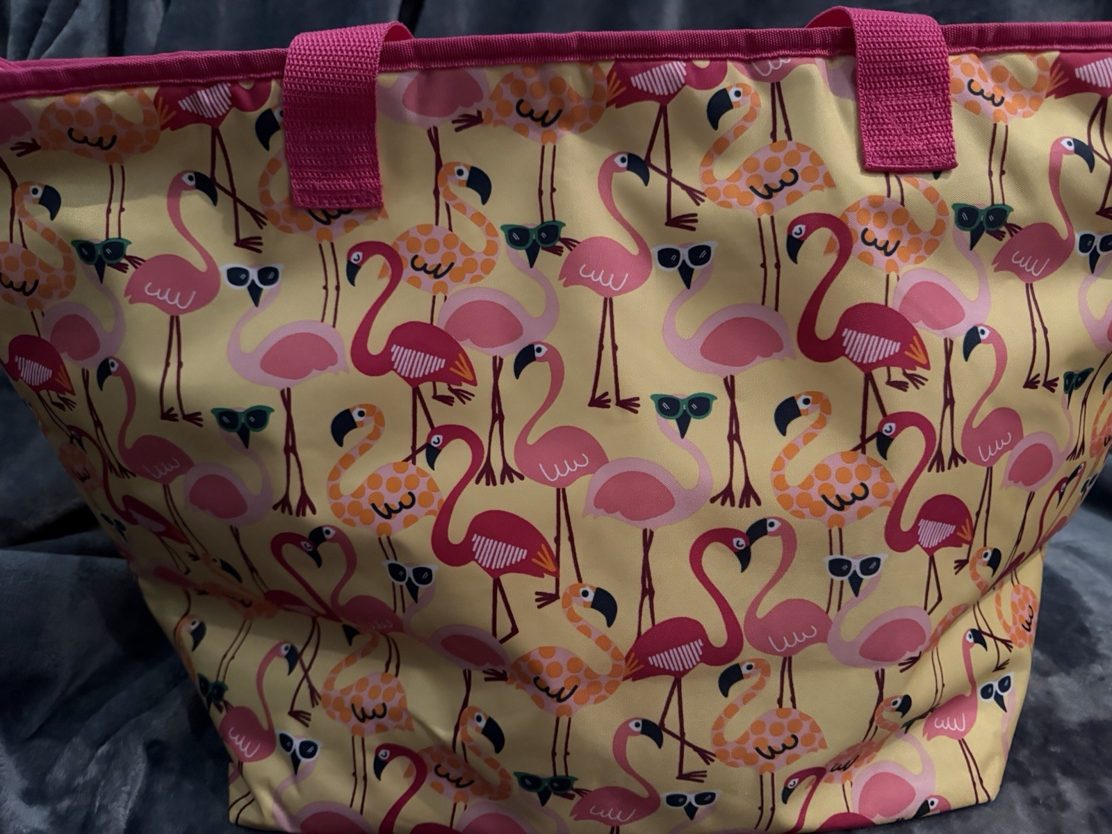Thirty-One Flamingo Print Insulated Foldable Shopping Bag Pink Yellow Polyester