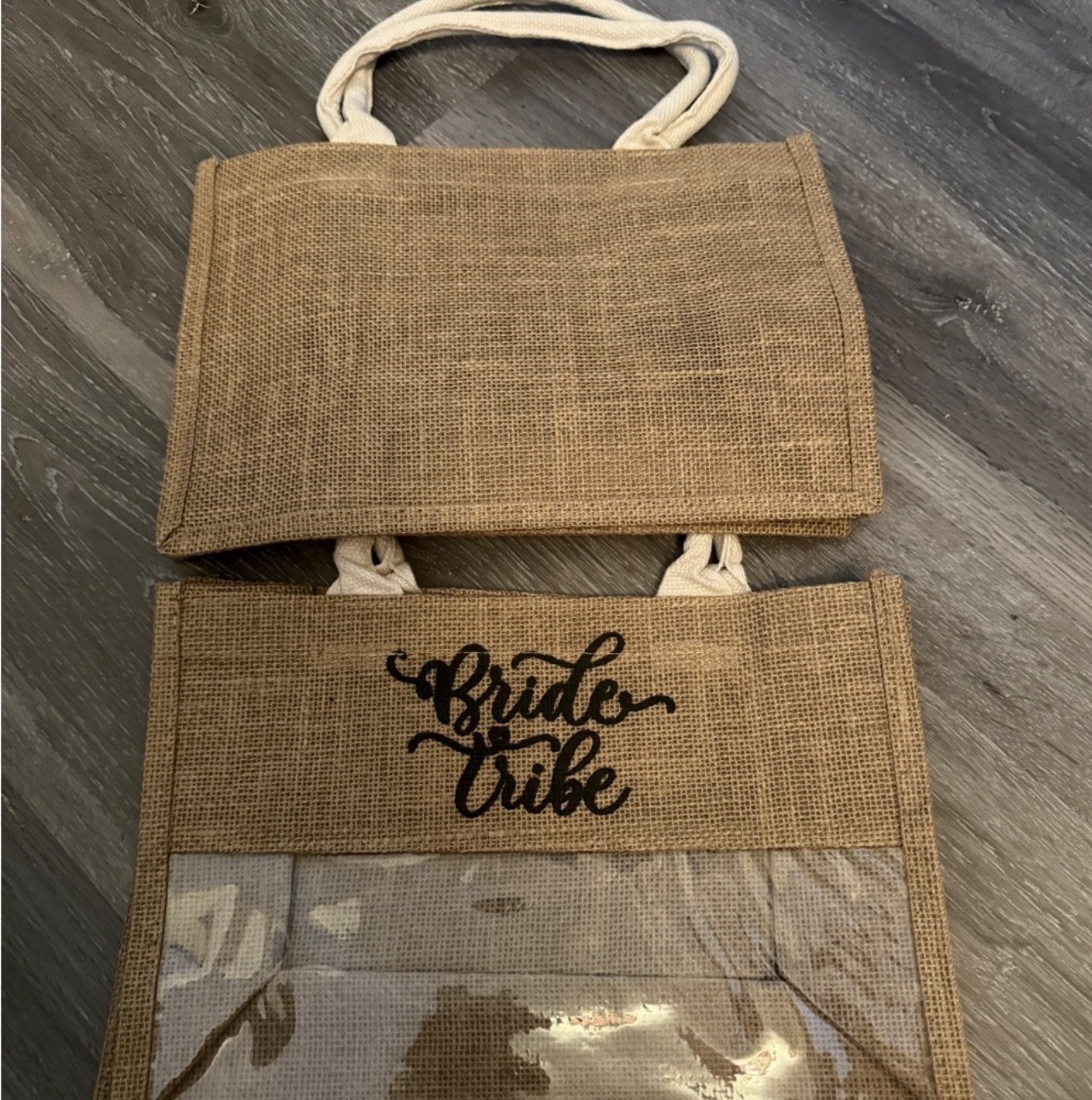 Bride Tribe Reusable Jute Tote Bags Set of 2 with Clear Panel and Rope Handles