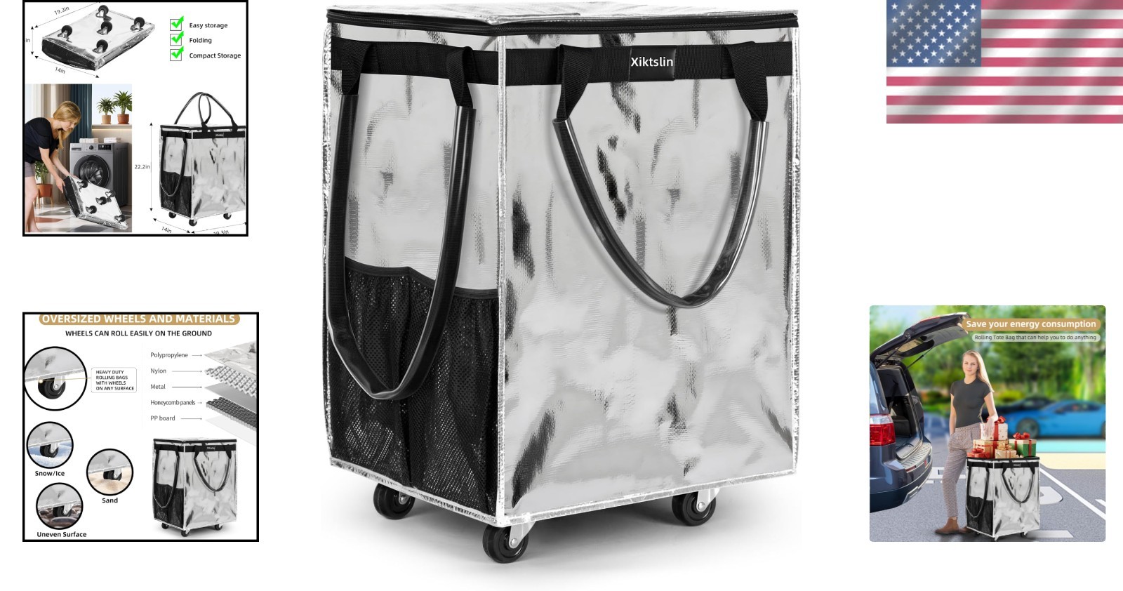 Luxury Large Silver Grocery Tote on 5 Wheels – Zipper Closure, 76lb Capacity